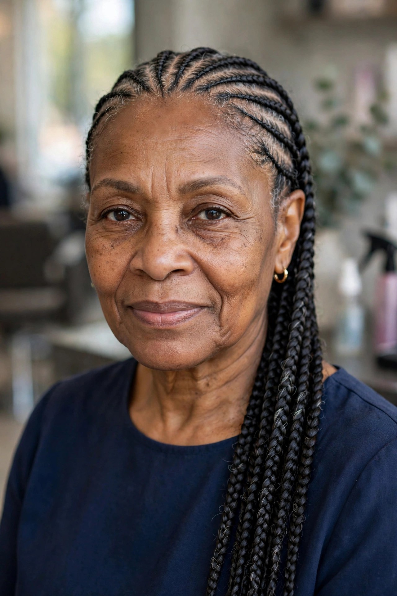 Feed-In Cornrows, Straight Back on a Black woman over 50 - protective hairstyles for Black women over 50