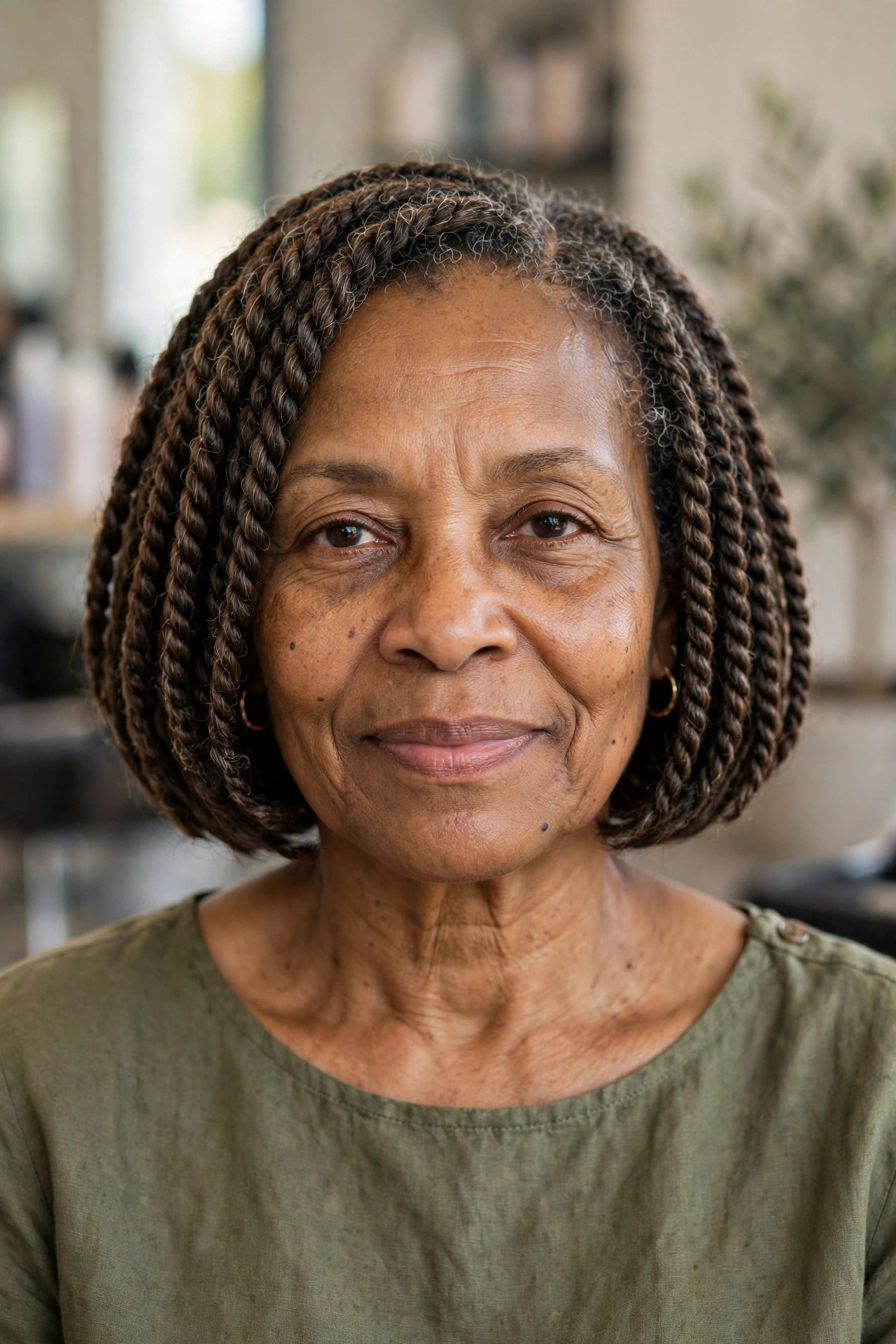 Two-Strand Twist Bob on a Black woman over 50 - protective hairstyles for Black women over 50