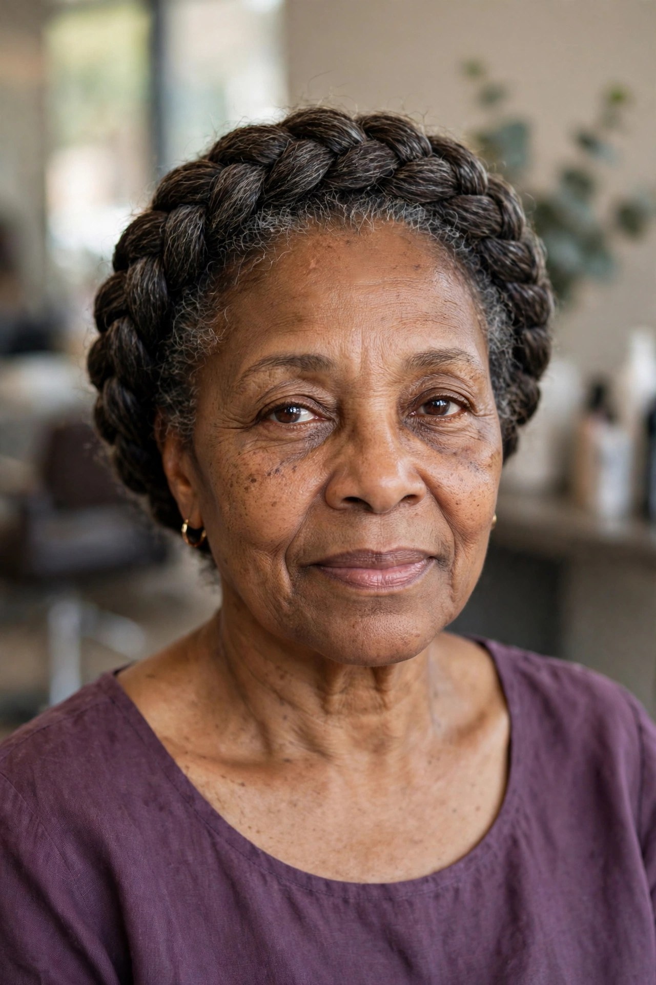 Halo Braid Crown on a Black woman over 50 - protective hairstyles for Black women over 50