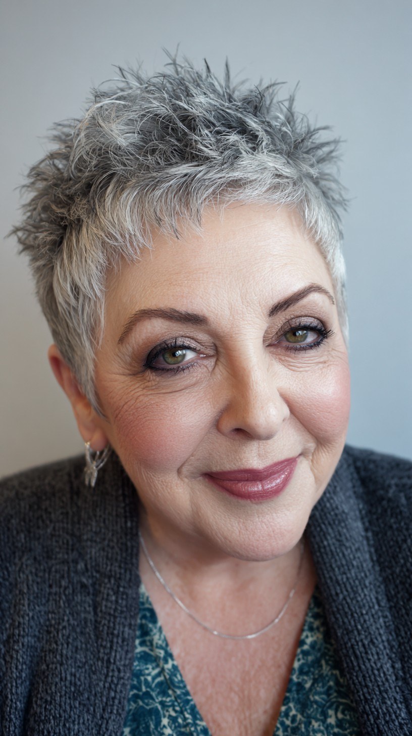The Spiky Textured Pixie With a Lifted Crown — round face hairstyle on a woman over 70