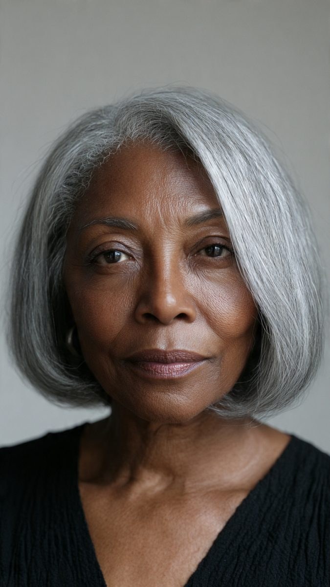 The Sleek Silver Bob With a Smooth Sweep — round face hairstyle on a woman over 70