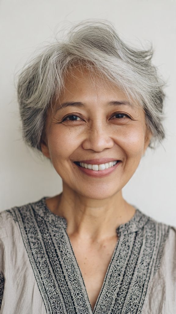 The Layered Pixie-Bob With a Gentle Fringe — round face hairstyle on a woman over 70