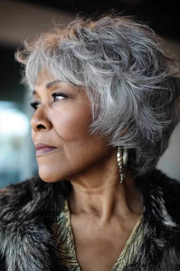 Voluminous Gray Waves With a Side Part — round face hairstyle on a woman over 70