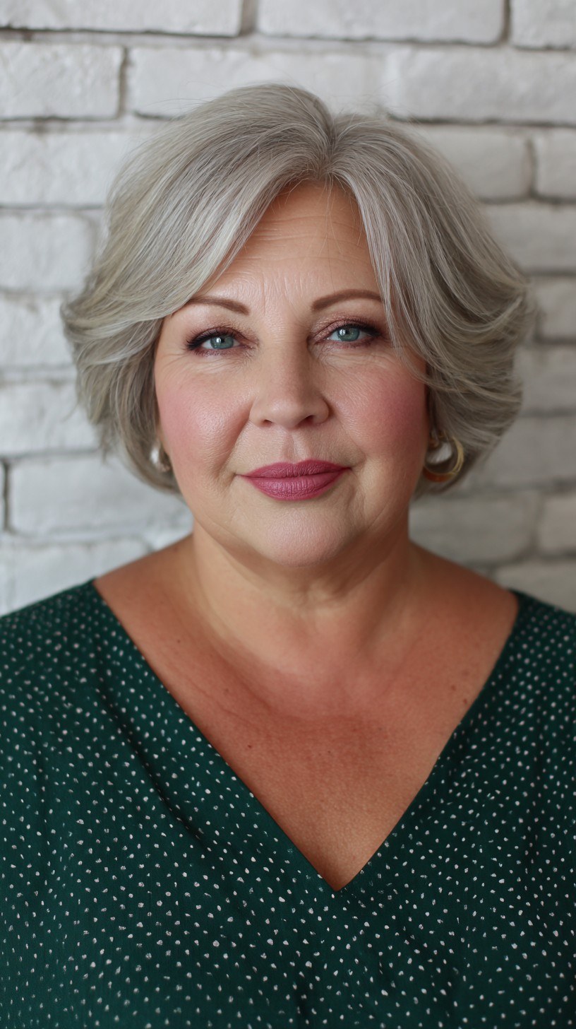 The Feathered Layered Bob With a Side Sweep — round face hairstyle on a woman over 70