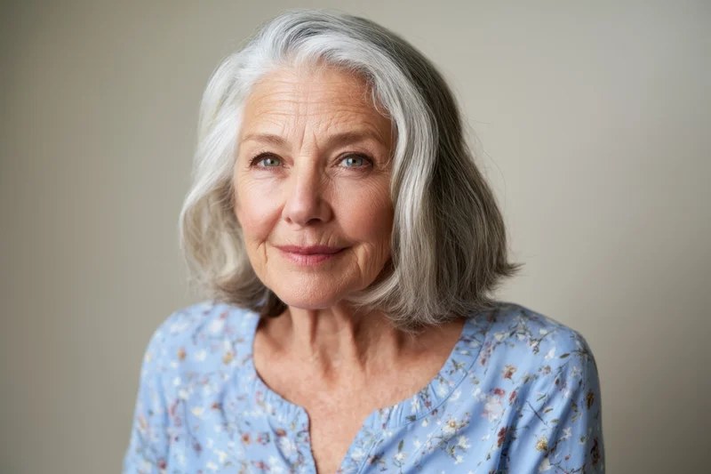 The Classic Shoulder-Skimming Silver Bob — round face hairstyle on a woman over 70