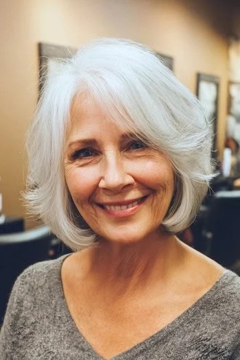 The Bright White Bob With a Gentle Bend — round face hairstyle on a woman over 70