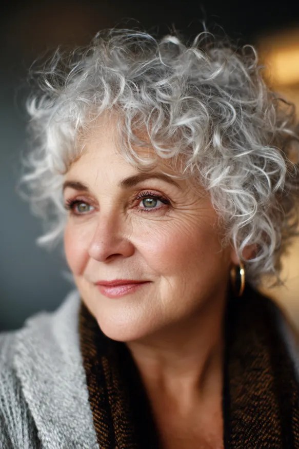 Silver Curls With a Softly Sculpted Shape — round face hairstyle on a woman over 70