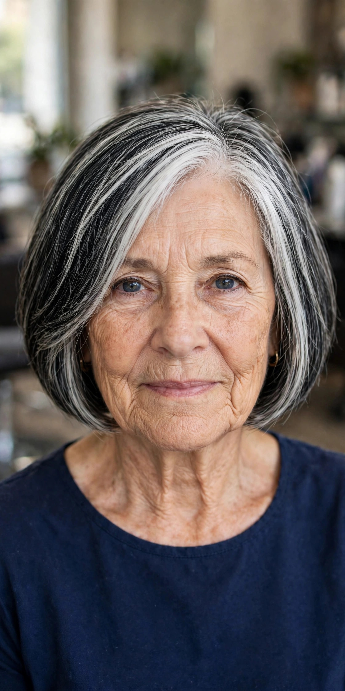 Polished Chin-Length Bob - salt and pepper hairstyle for a woman over 60