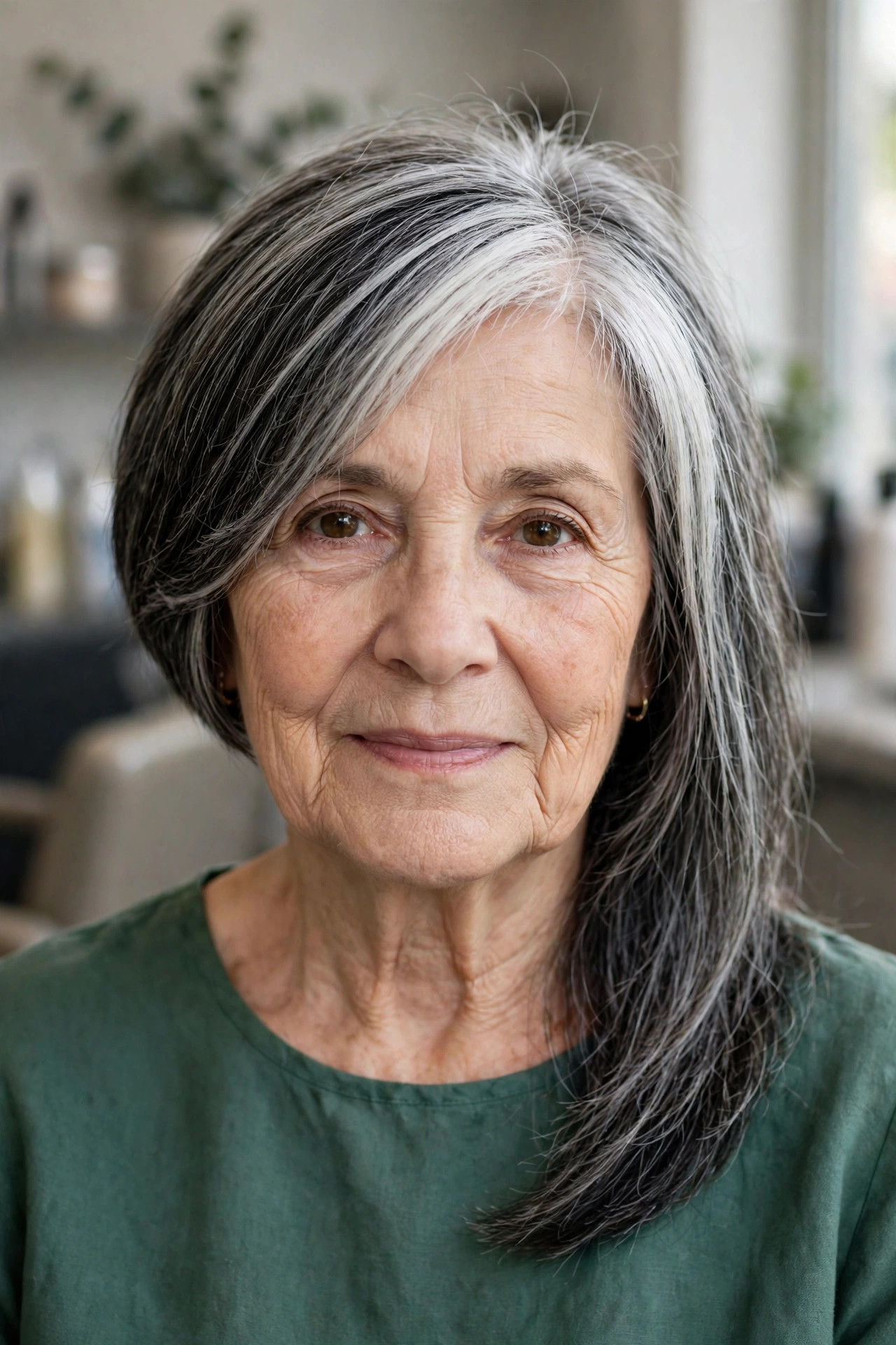 Asymmetric Lob - salt and pepper hairstyle for a woman over 60