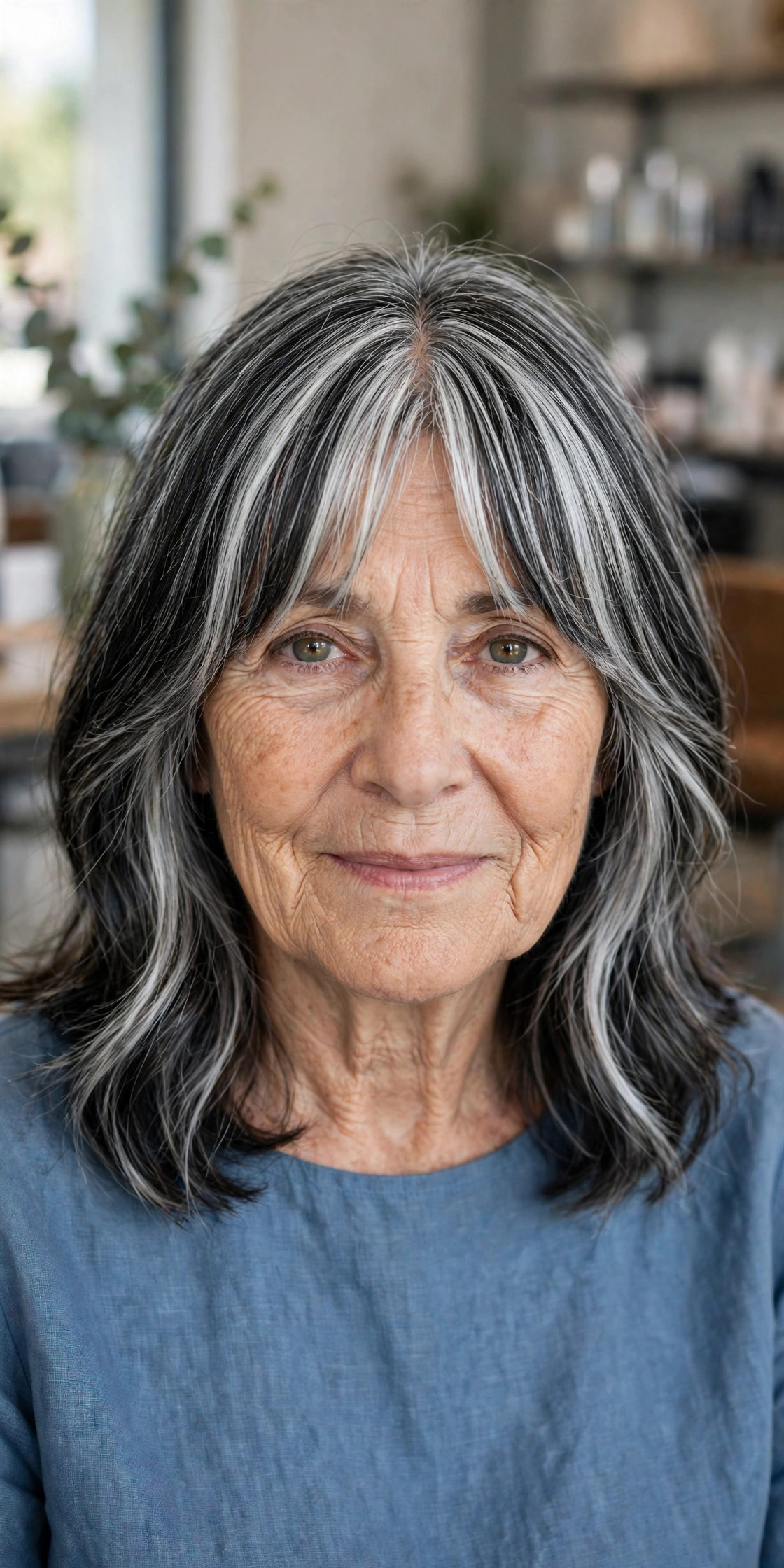 Curtain Bangs on a Medium Cut - salt and pepper hairstyle for a woman over 60