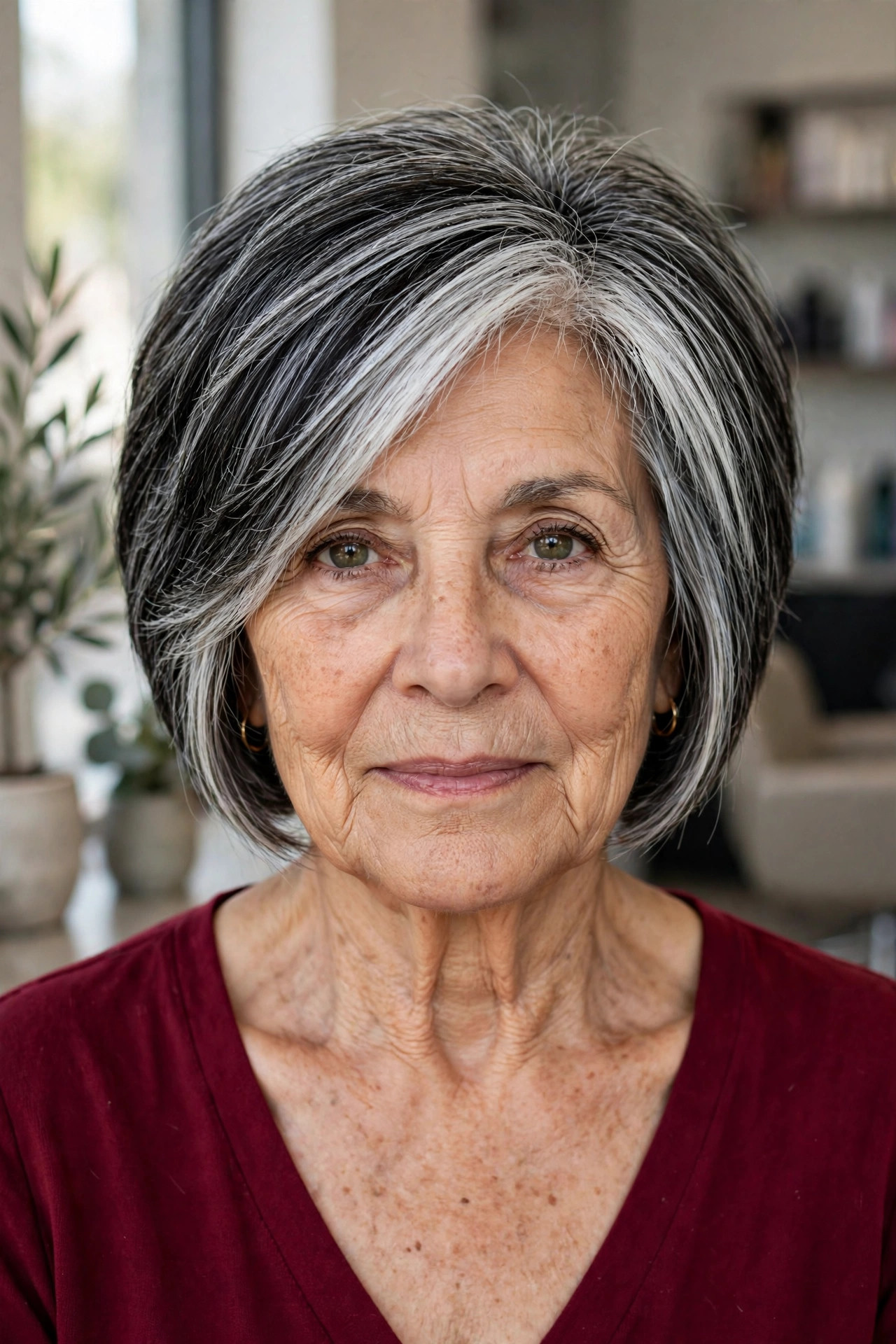 Stacked Bob with a Full Back - salt and pepper hairstyle for a woman over 60