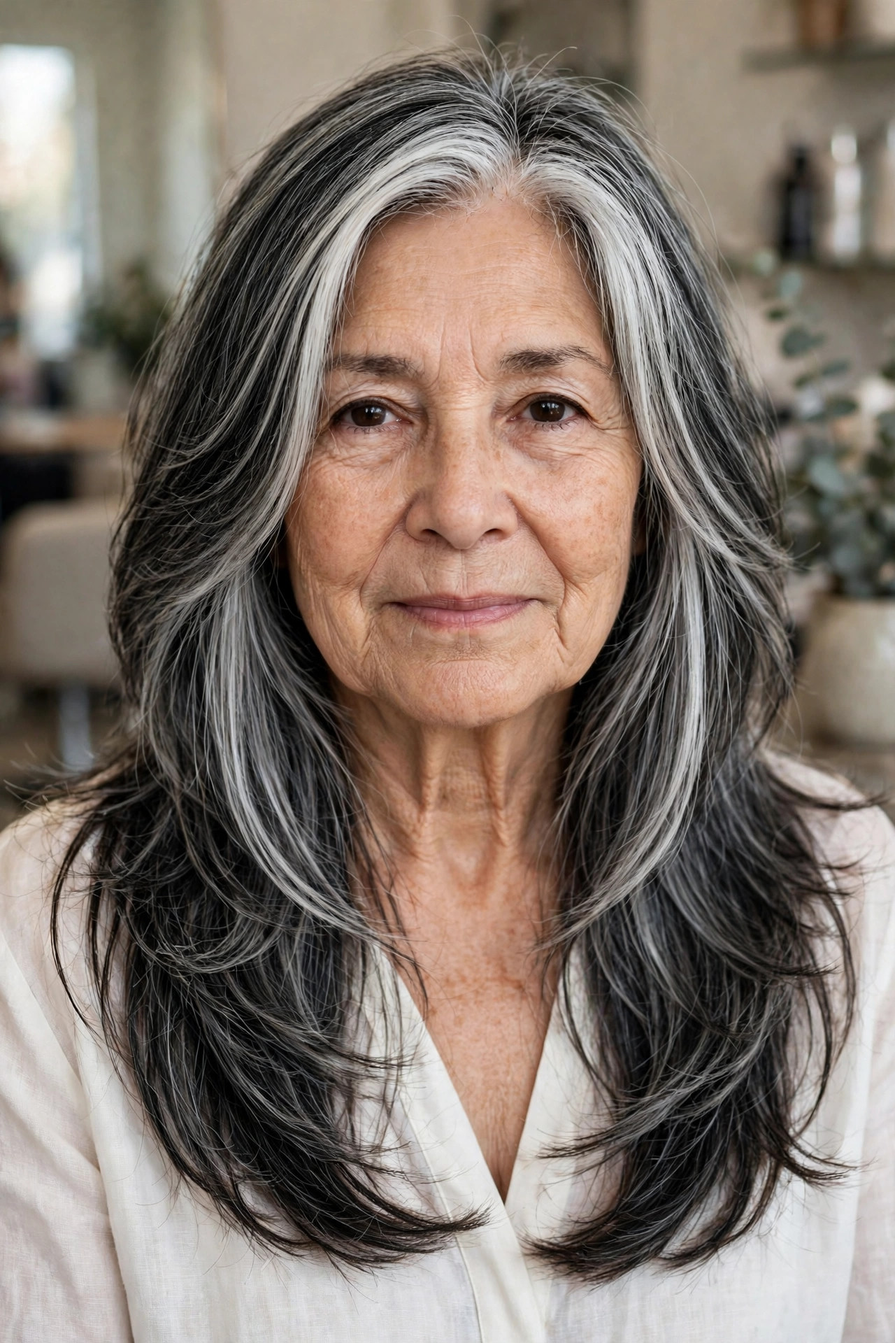 Long Layers That Keep the Pattern Flowing - salt and pepper hairstyle for a woman over 60
