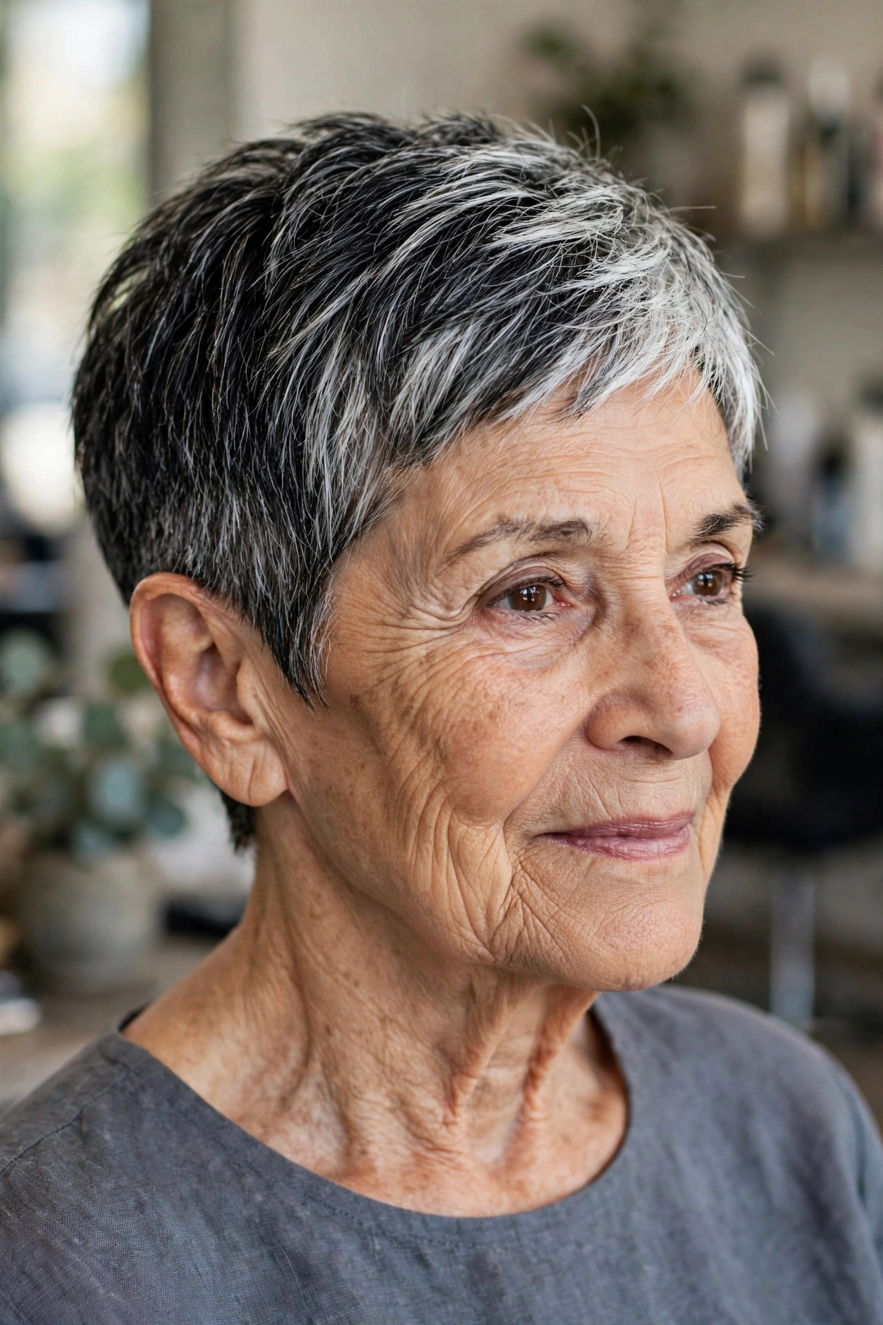 Tapered Short Crop - salt and pepper hairstyle for a woman over 60