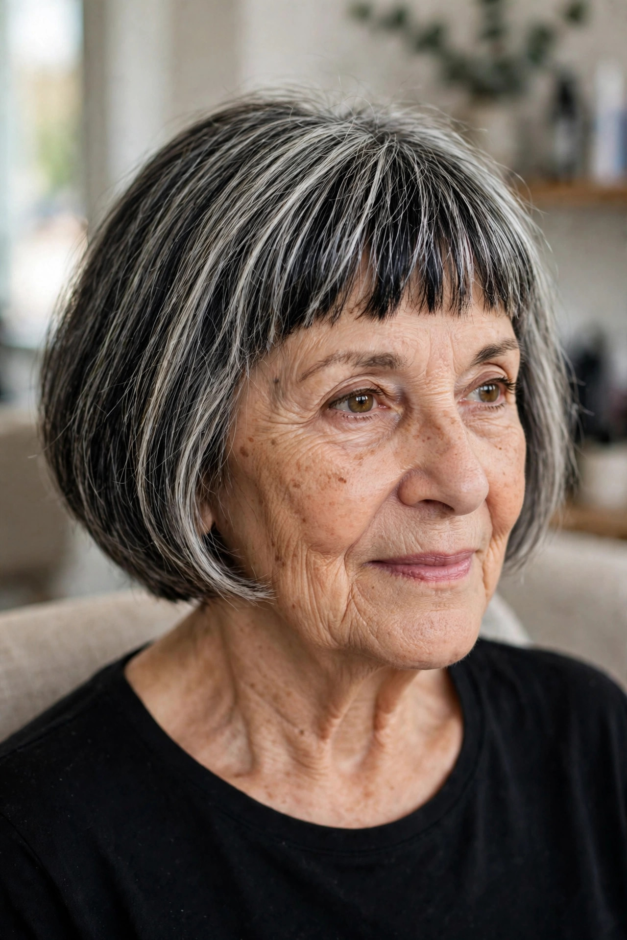 French Bob with a Short Fringe - salt and pepper hairstyle for a woman over 60