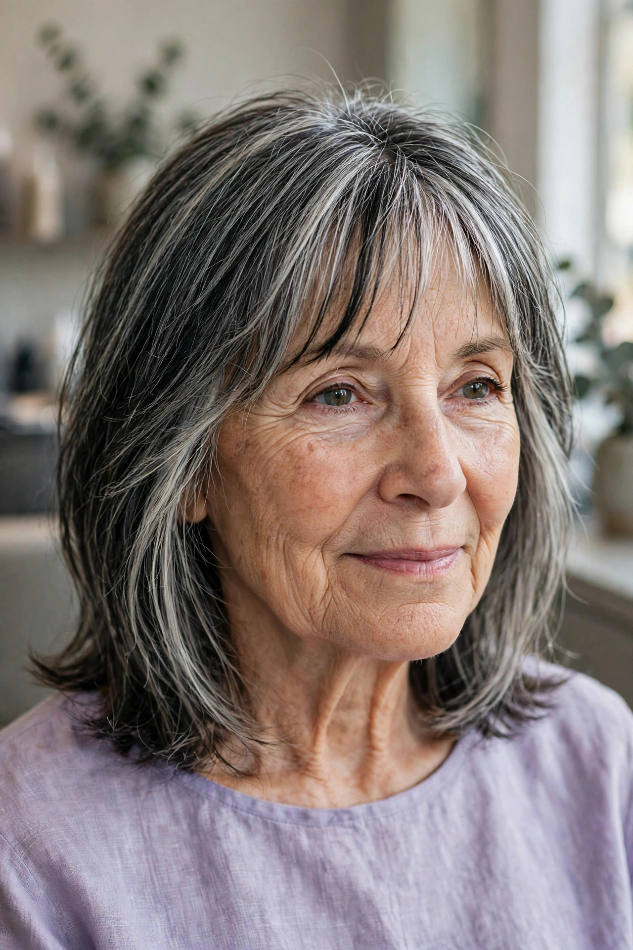 Medium Cut with Wispy Bangs - salt and pepper hairstyle for a woman over 60