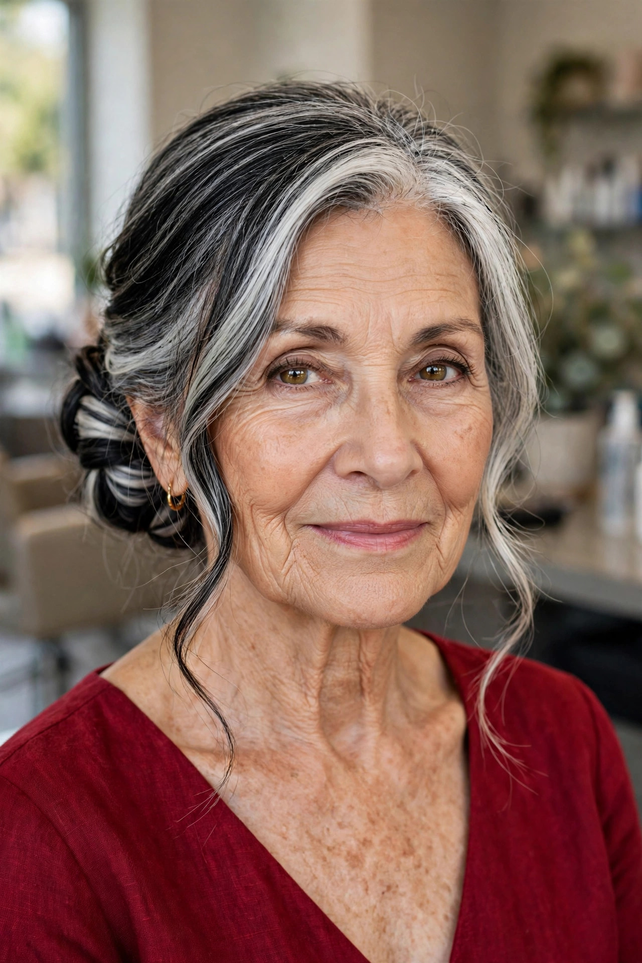 Elegant Low Bun - salt and pepper hairstyle for a woman over 60