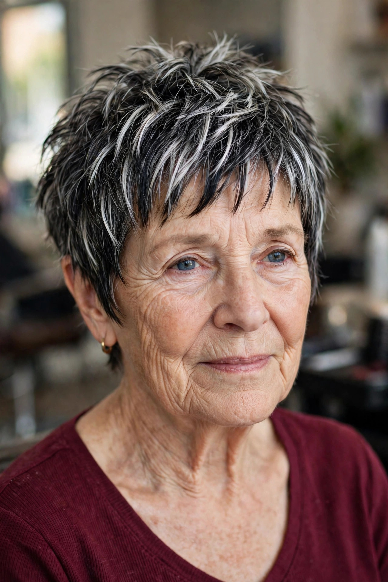 Textured Pixie with Piecey Layers - salt and pepper hairstyle for a woman over 60