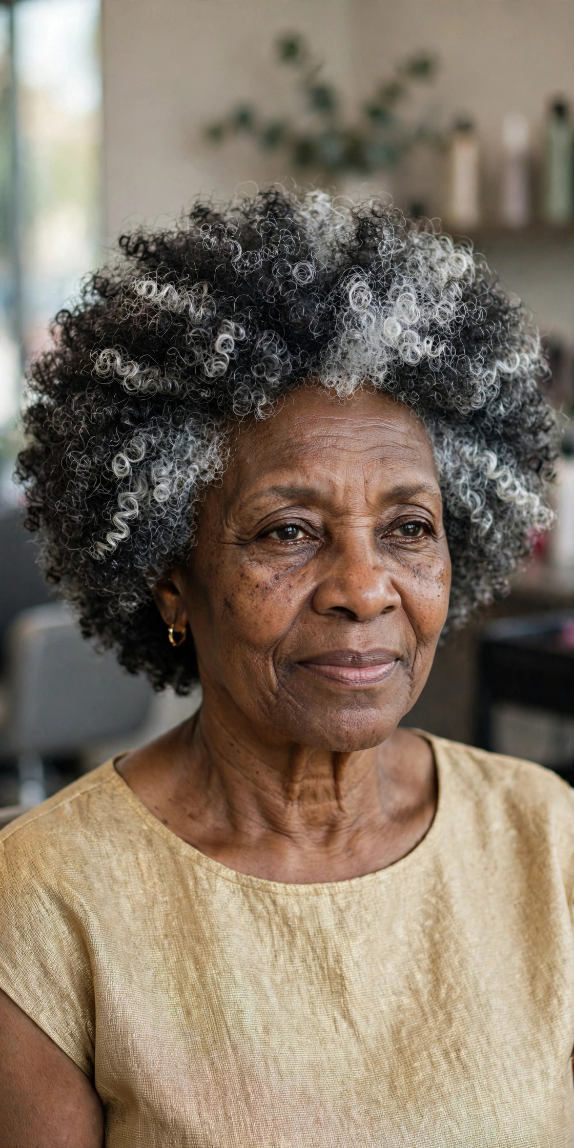 Rounded Natural Curls - salt and pepper hairstyle for a woman over 60