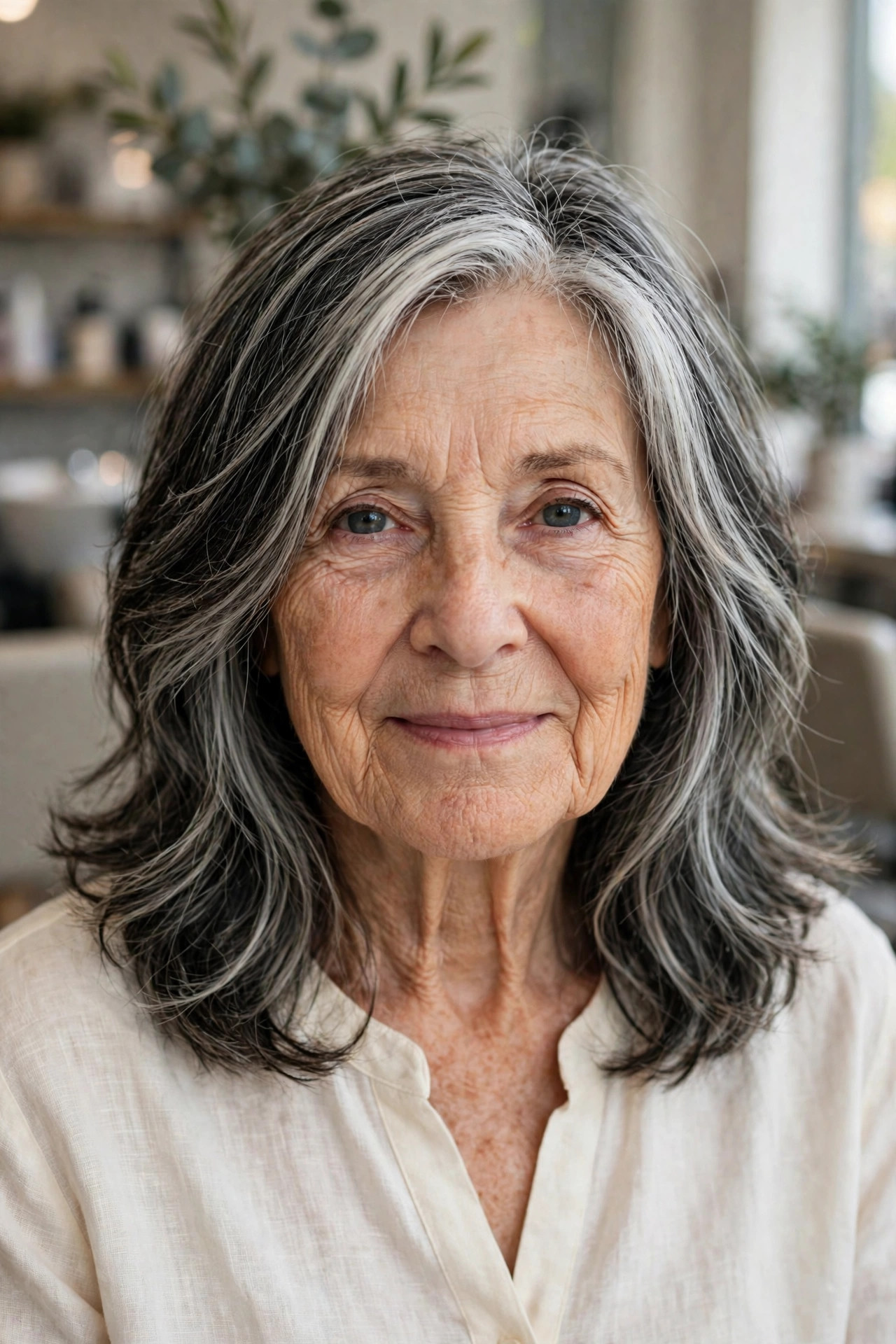Layered Lob with Soft Movement - salt and pepper hairstyle for a woman over 60