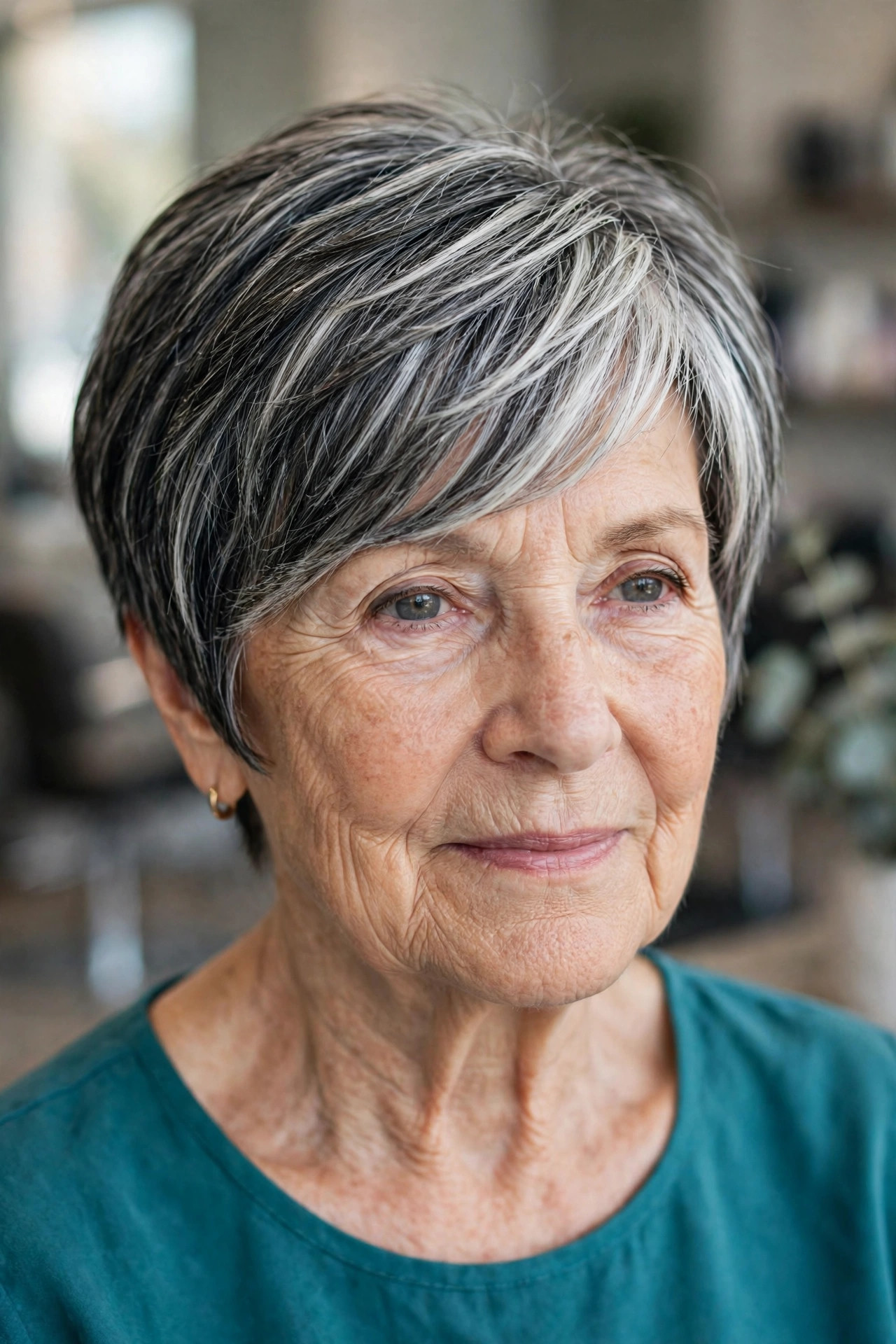 Side-Swept Pixie Bob - salt and pepper hairstyle for a woman over 60