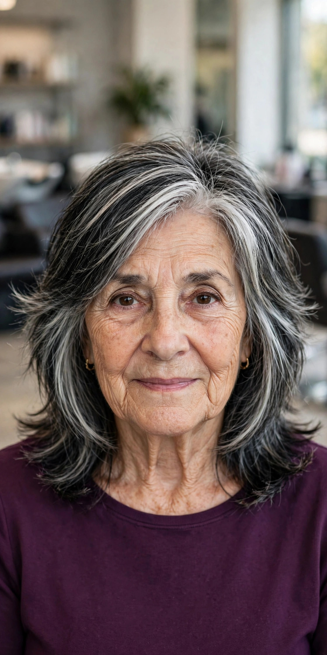 Feathered Shoulder-Length Cut - salt and pepper hairstyle for a woman over 60