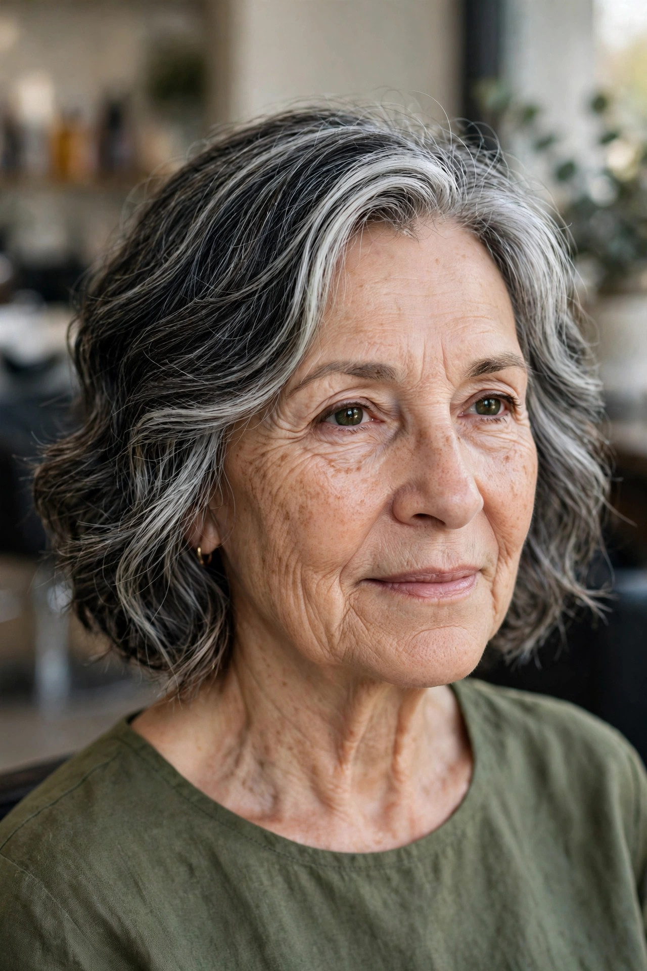 Wavy Nape-Length Cut - salt and pepper hairstyle for a woman over 60