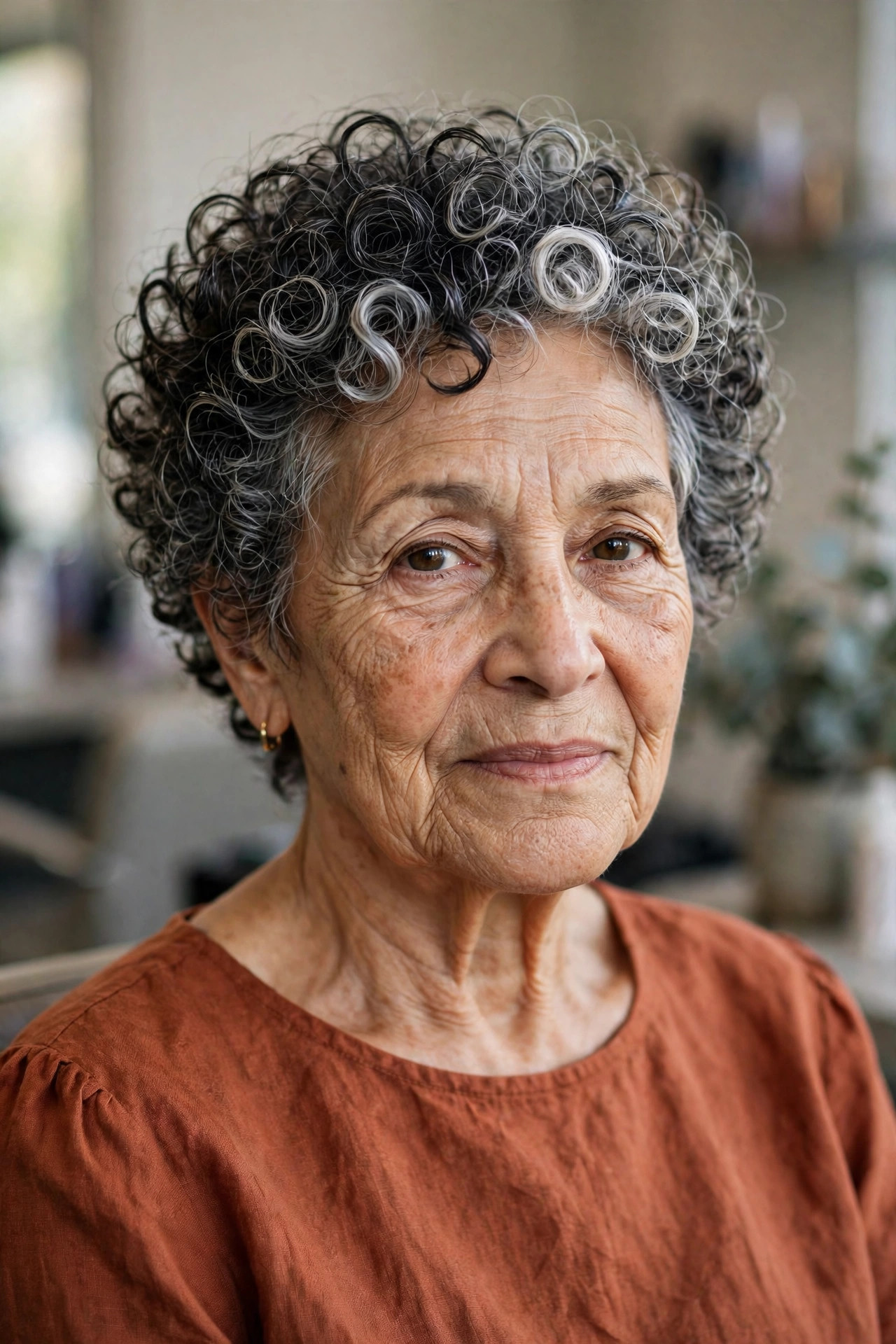 Curly Salt-and-Pepper Crop - salt and pepper hairstyle for a woman over 60