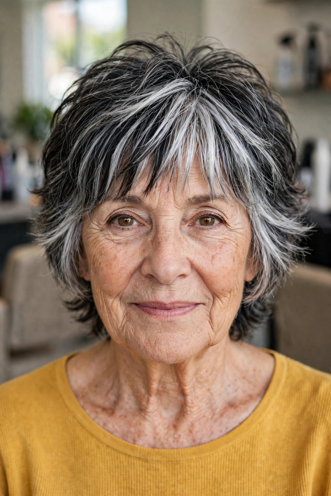 Soft Shag with Wispy Bangs - salt and pepper hairstyle for a woman over 60