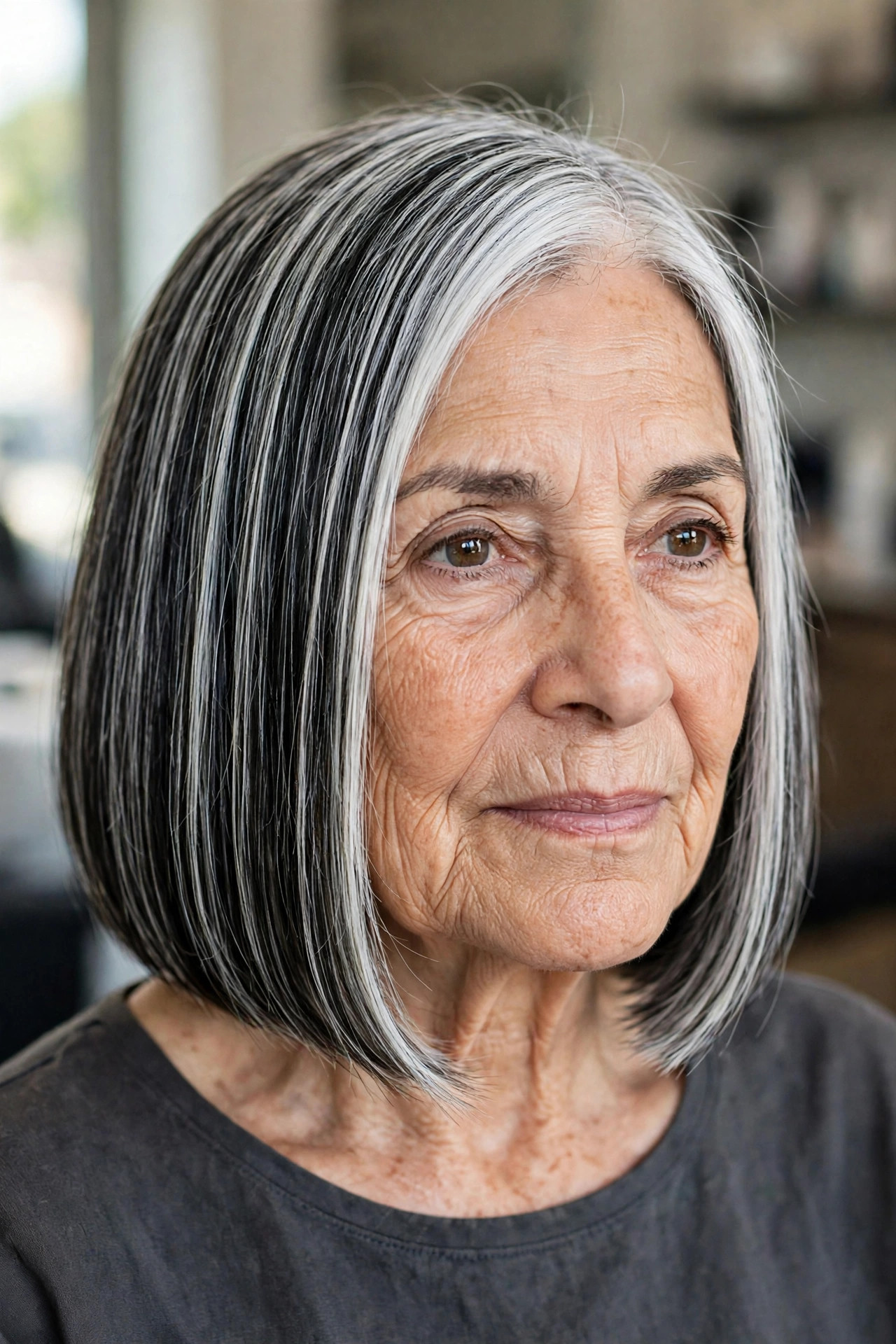Sleek Blunt Bob - salt and pepper hairstyle for a woman over 60