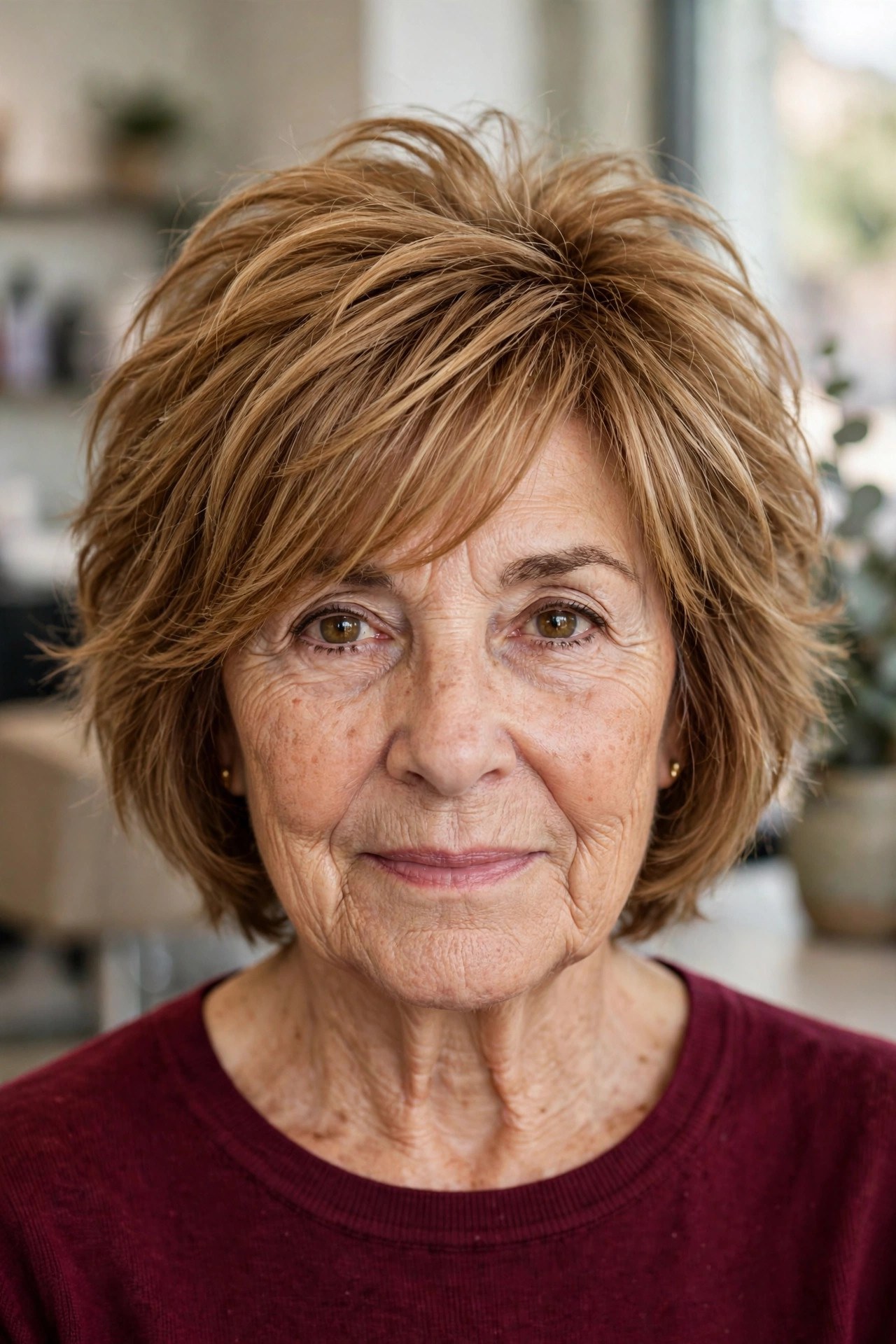 Chin-Length Shag with Side-Swept Bangs on a woman over 50 - shag haircut for women over 50