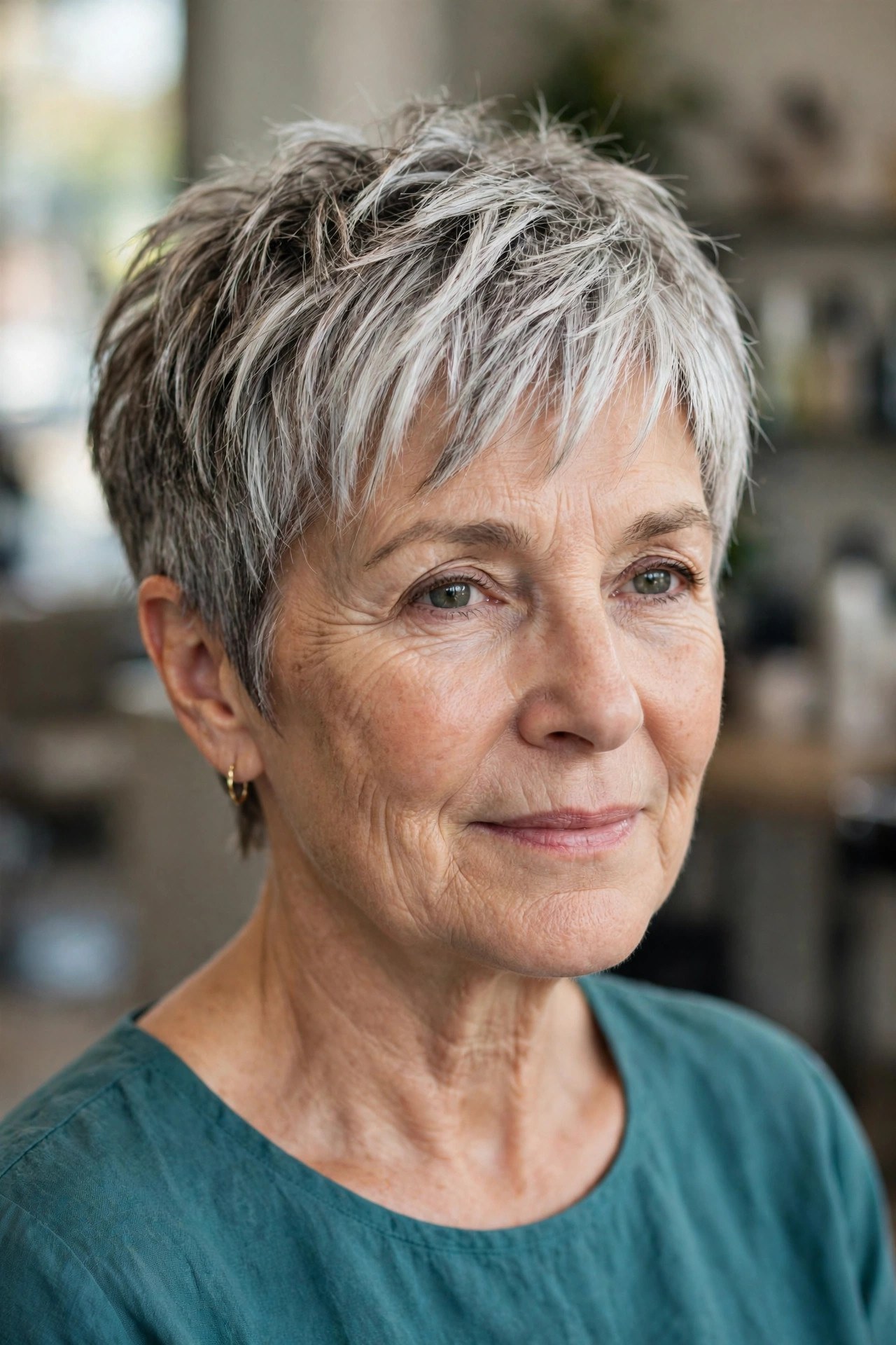 Pixie Shag with Piecey Layers on a woman over 50 - shag haircut for women over 50