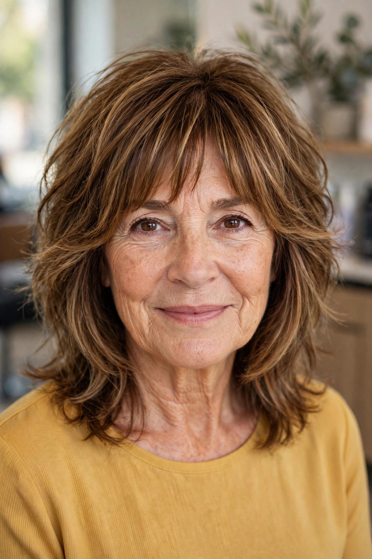 Shag with Bottleneck Bangs on a woman over 50 - shag haircut for women over 50