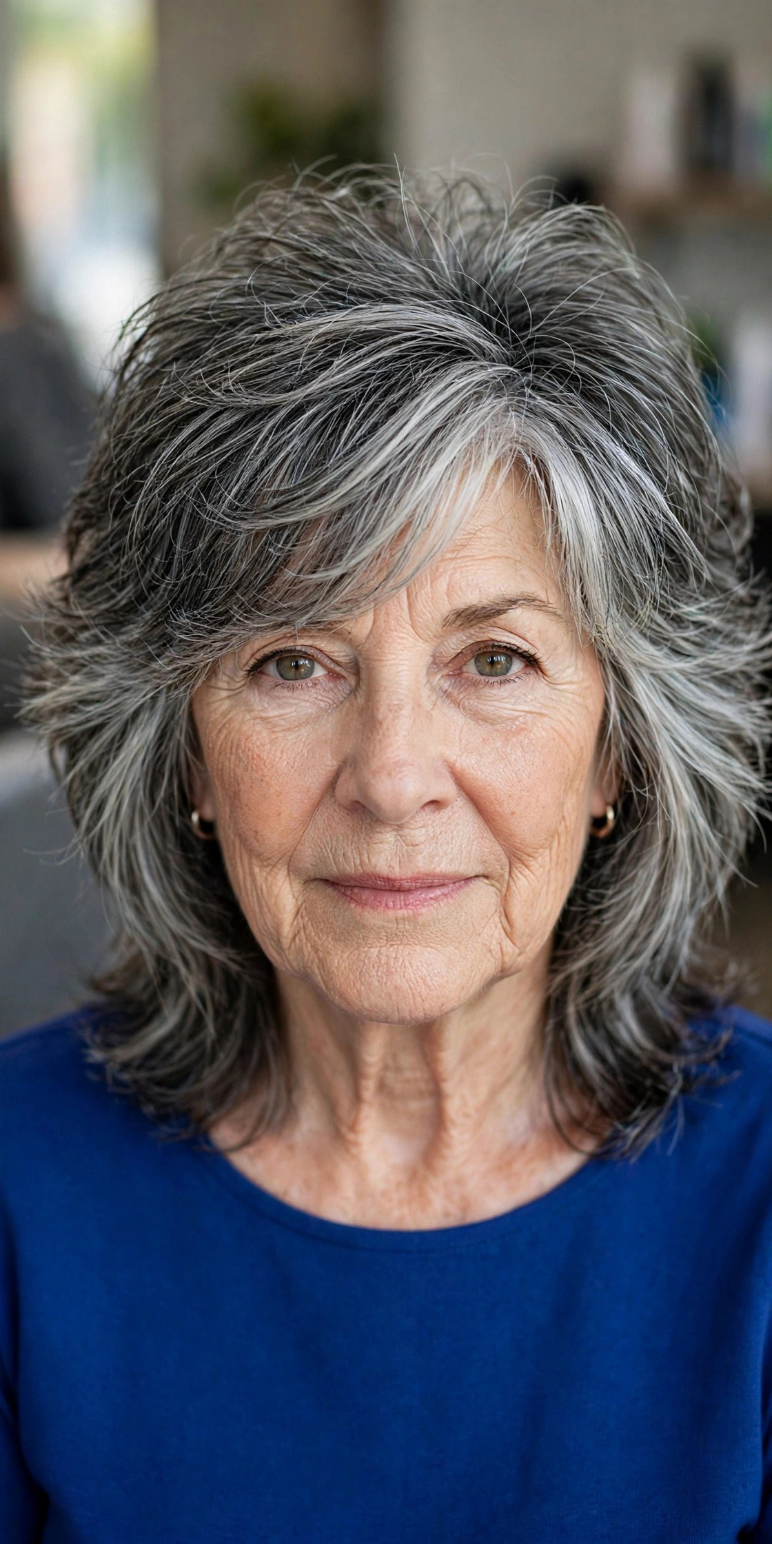 Salt-and-Pepper Midi Shag on a woman over 50 - shag haircut for women over 50
