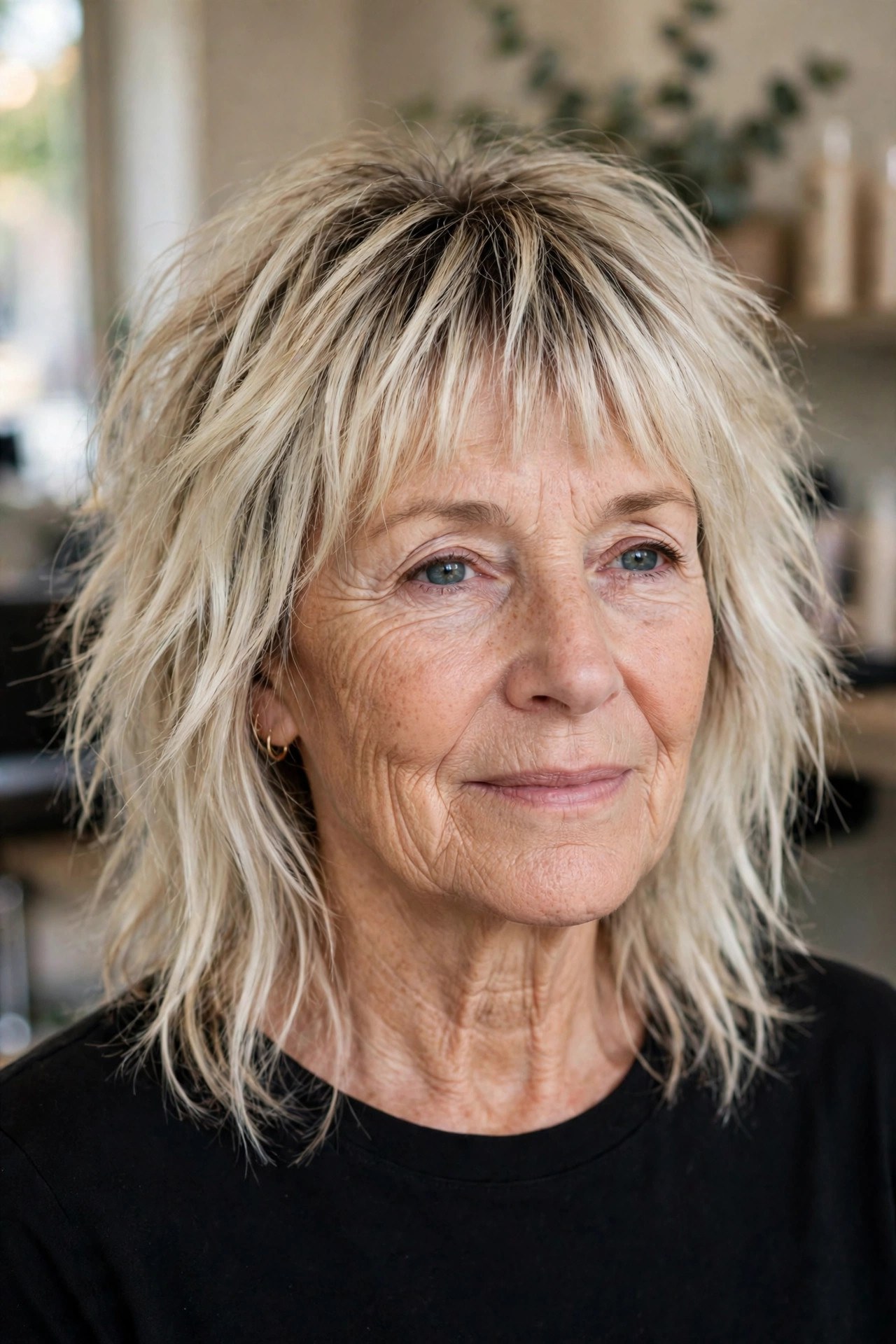 Platinum Shaggy Lob with a Wispy Fringe on a woman over 50 - shag haircut for women over 50