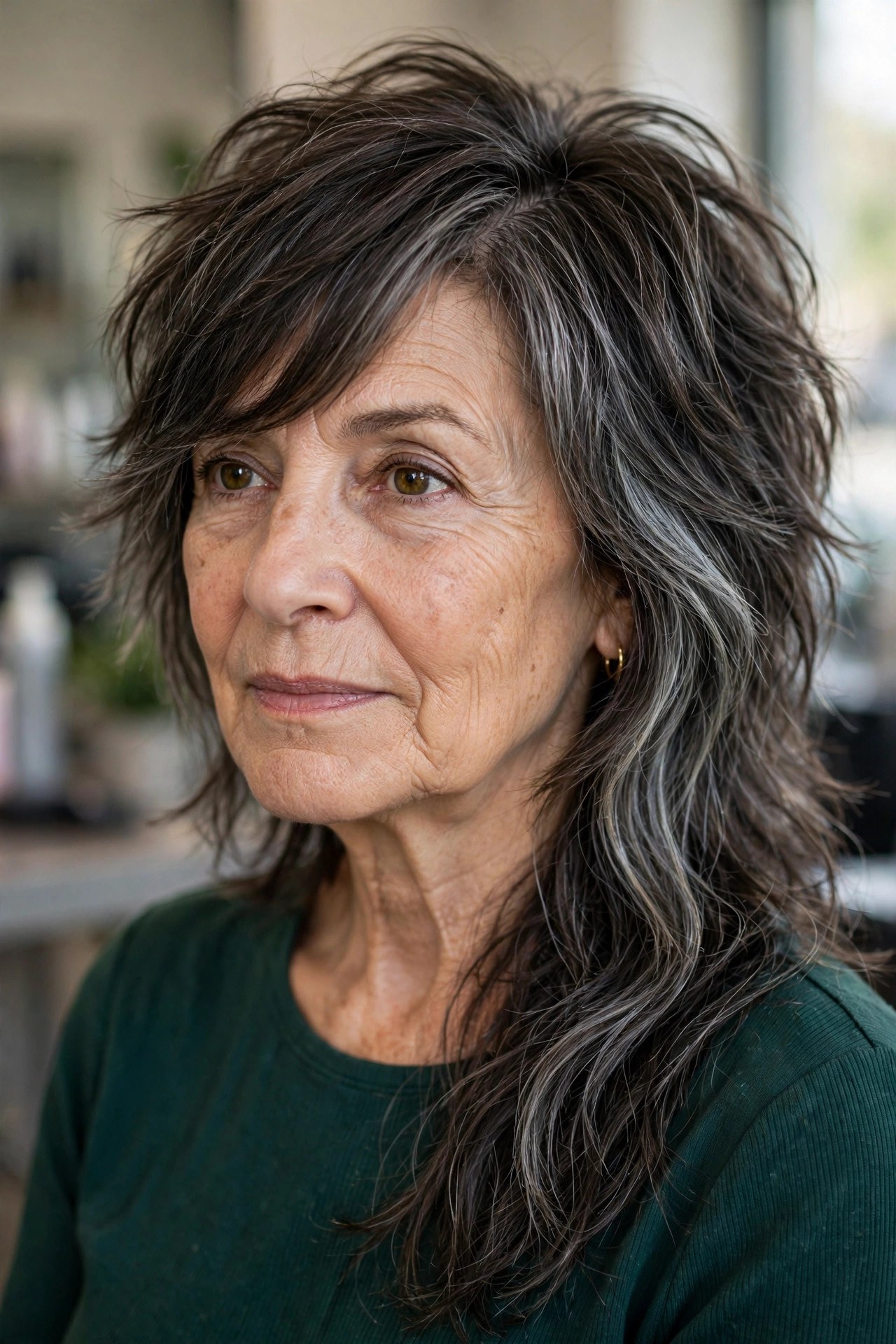 Asymmetrical Shag with a Side Fringe on a woman over 50 - shag haircut for women over 50