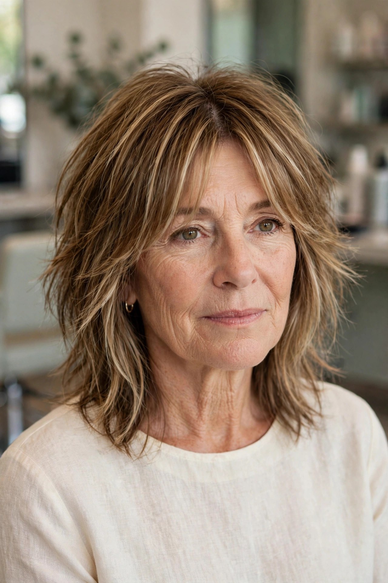Midi Shag with Curtain Bangs on a woman over 50 - shag haircut for women over 50