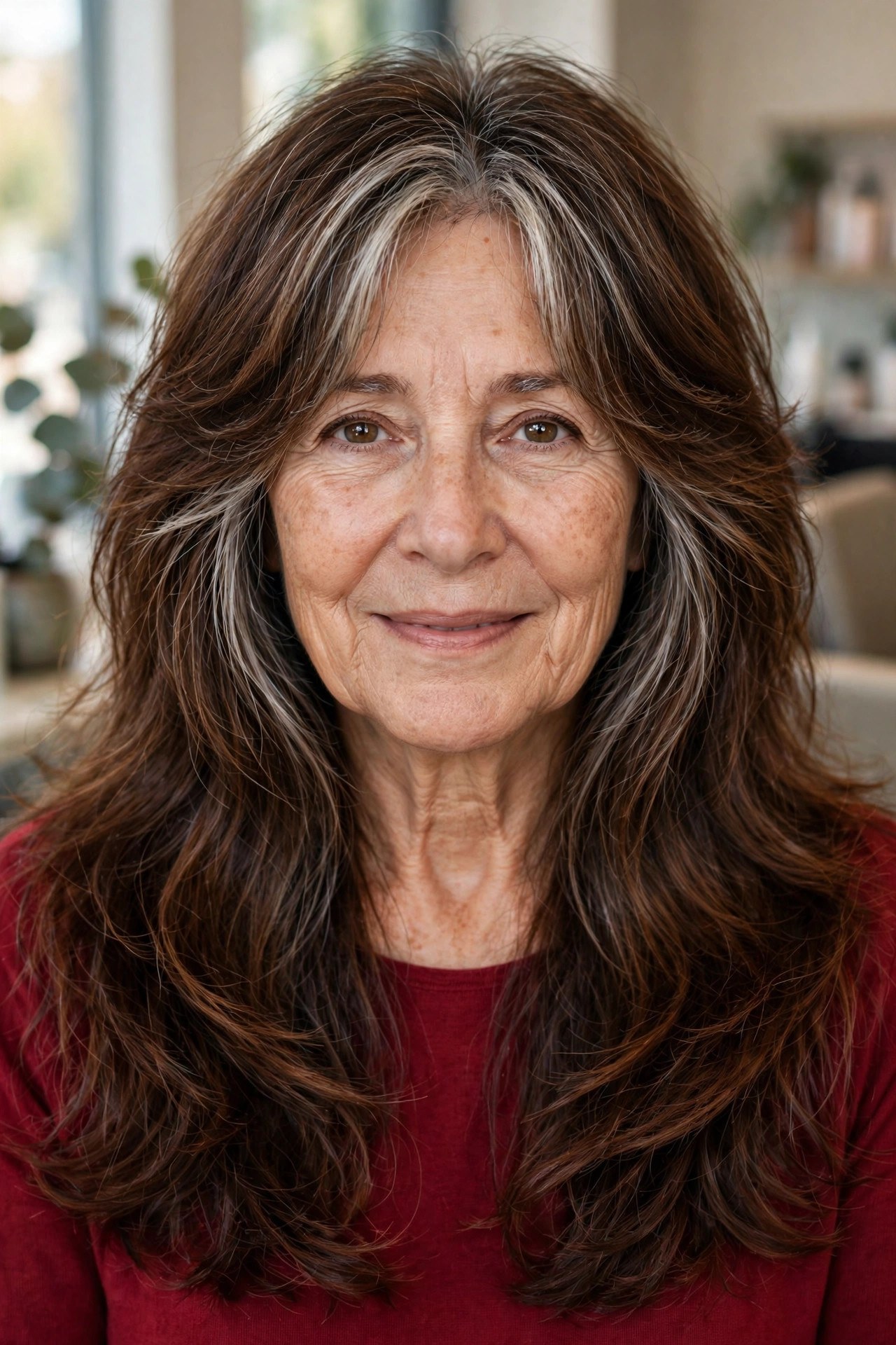Long Layered Shag for Thick Hair on a woman over 50 - shag haircut for women over 50