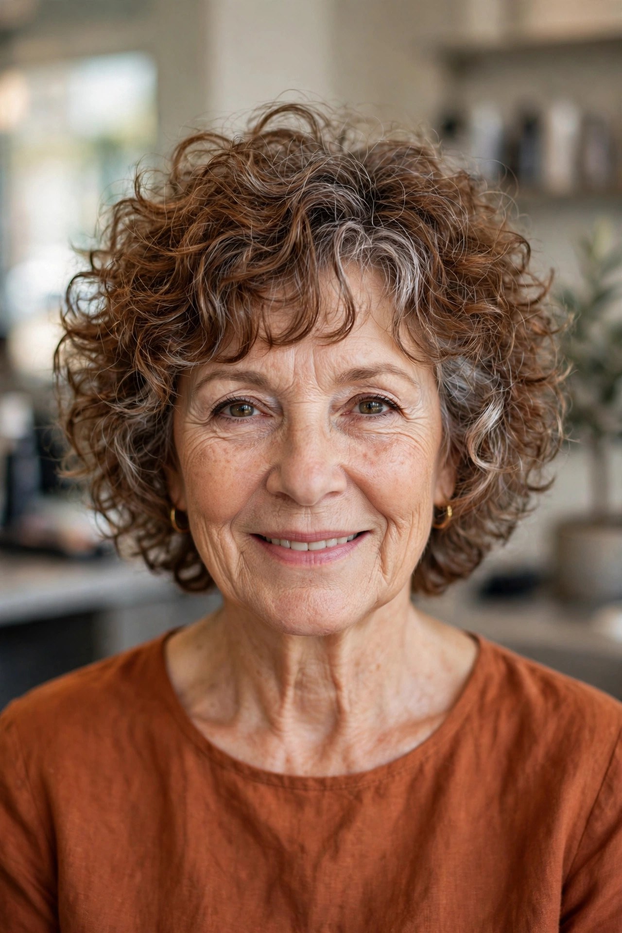 Curly Shag with a Soft Fringe on a woman over 50 - shag haircut for women over 50