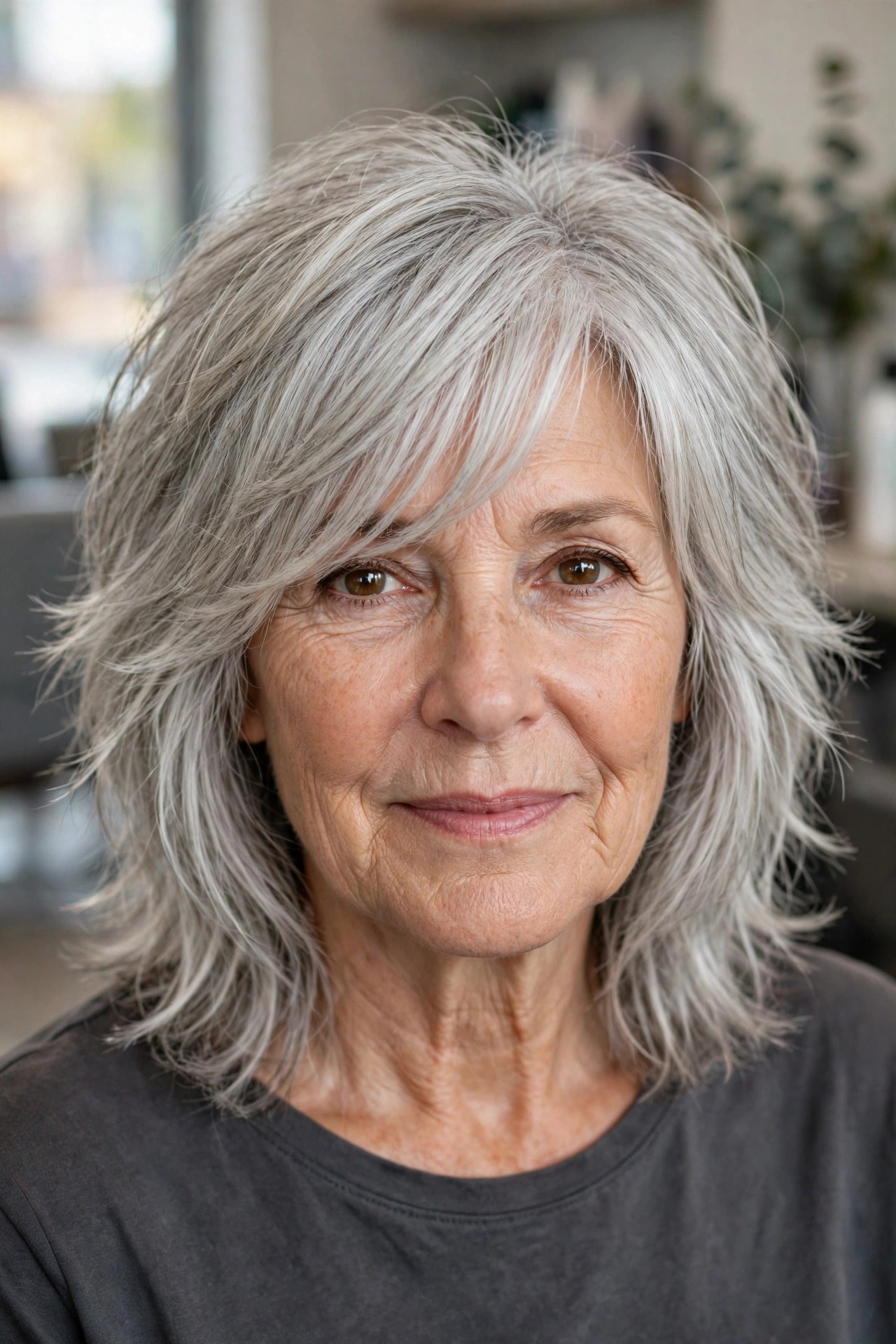 Silver Shag with a Long Fringe on a woman over 50 - shag haircut for women over 50