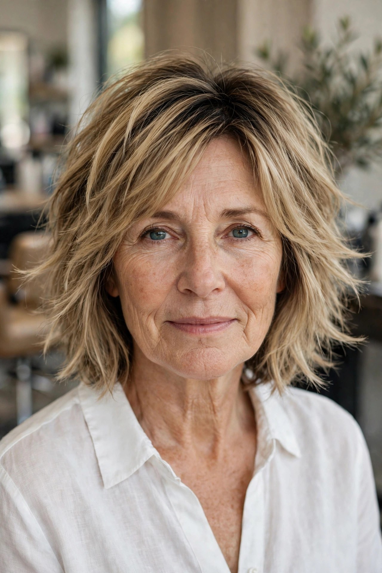 Shaggy Bob with Razored Ends on a woman over 50 - shag haircut for women over 50