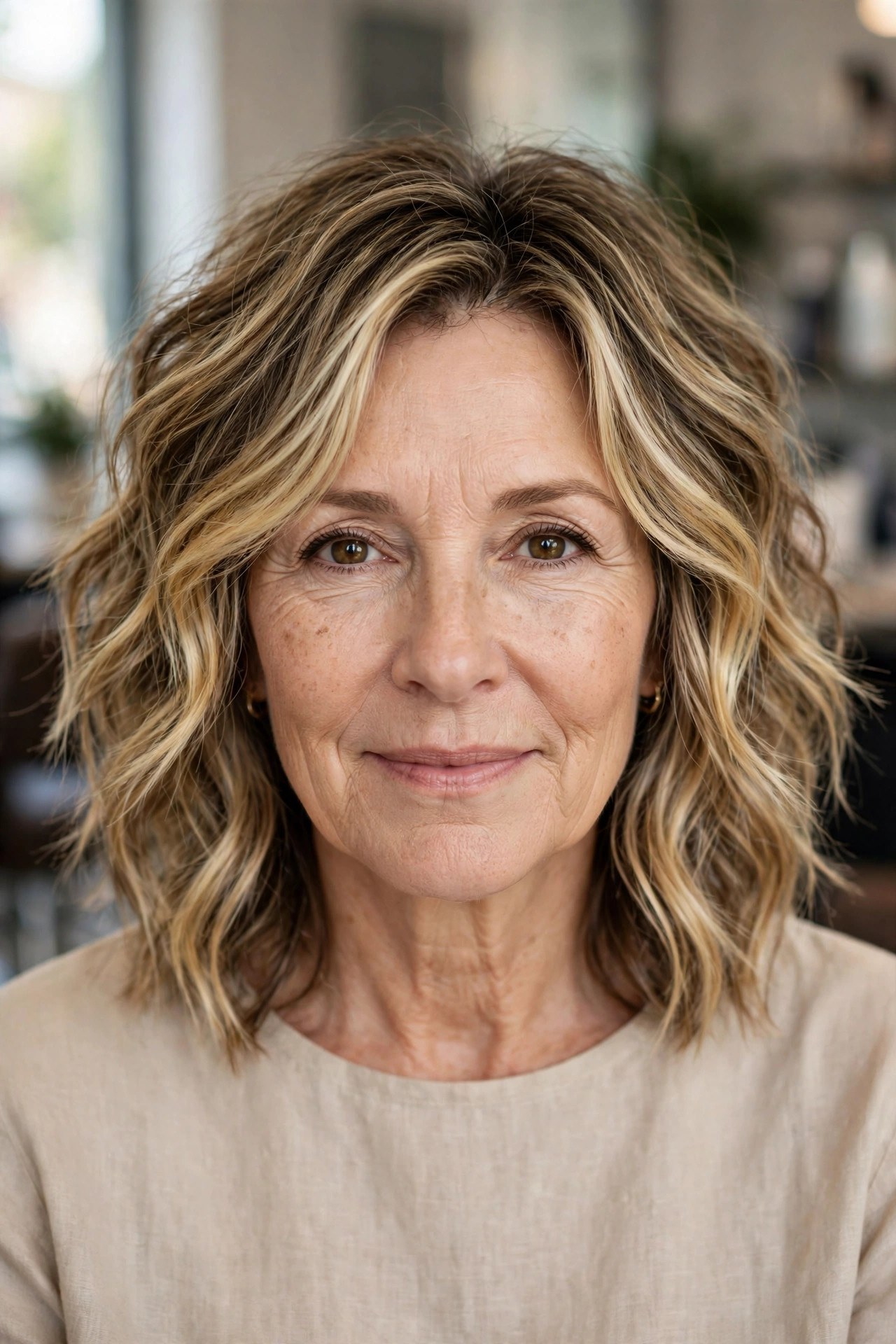 Wavy Shag with Blonde Balayage on a woman over 50 - shag haircut for women over 50