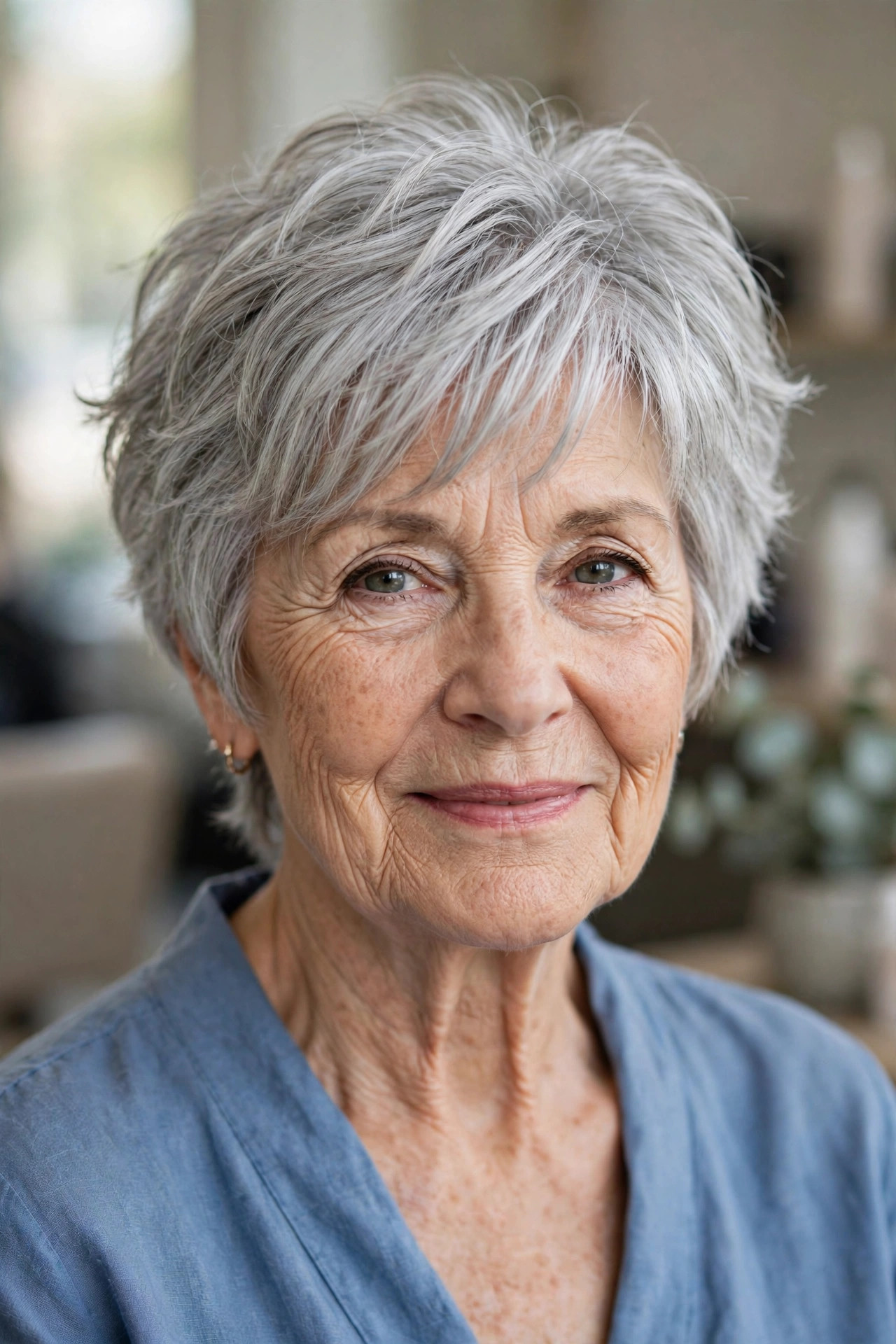 Silver Feathered Short Shag - shag haircut for a woman over 60 with a soft modern feel