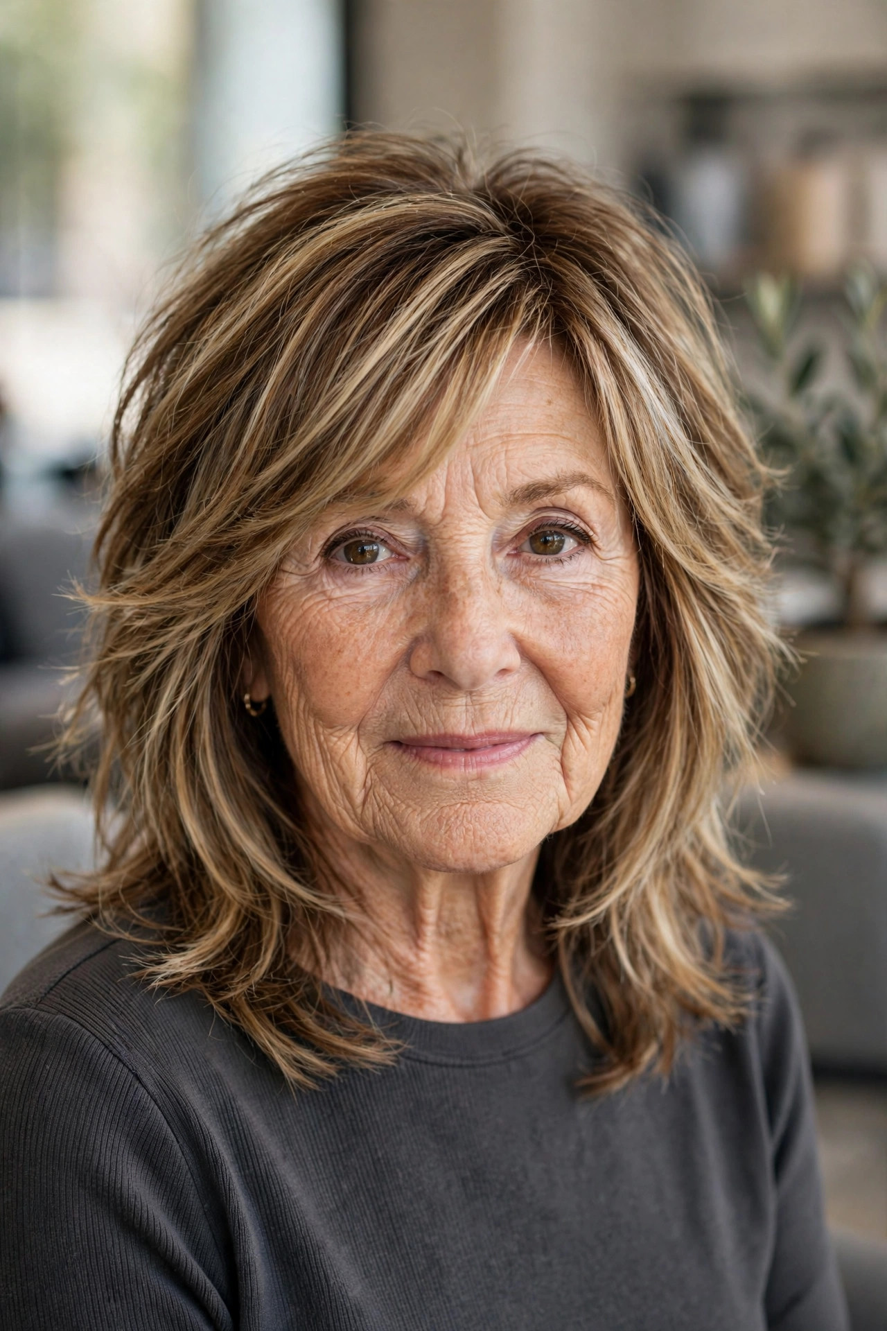 Shaggy Lob with Seamlessly Blended Layers - shag haircut for a woman over 60 with a soft modern feel