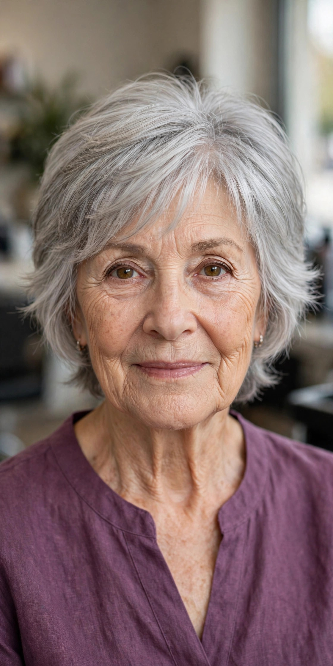 Silver Feathered Shag Crop - shag haircut for a woman over 60 with a soft modern feel