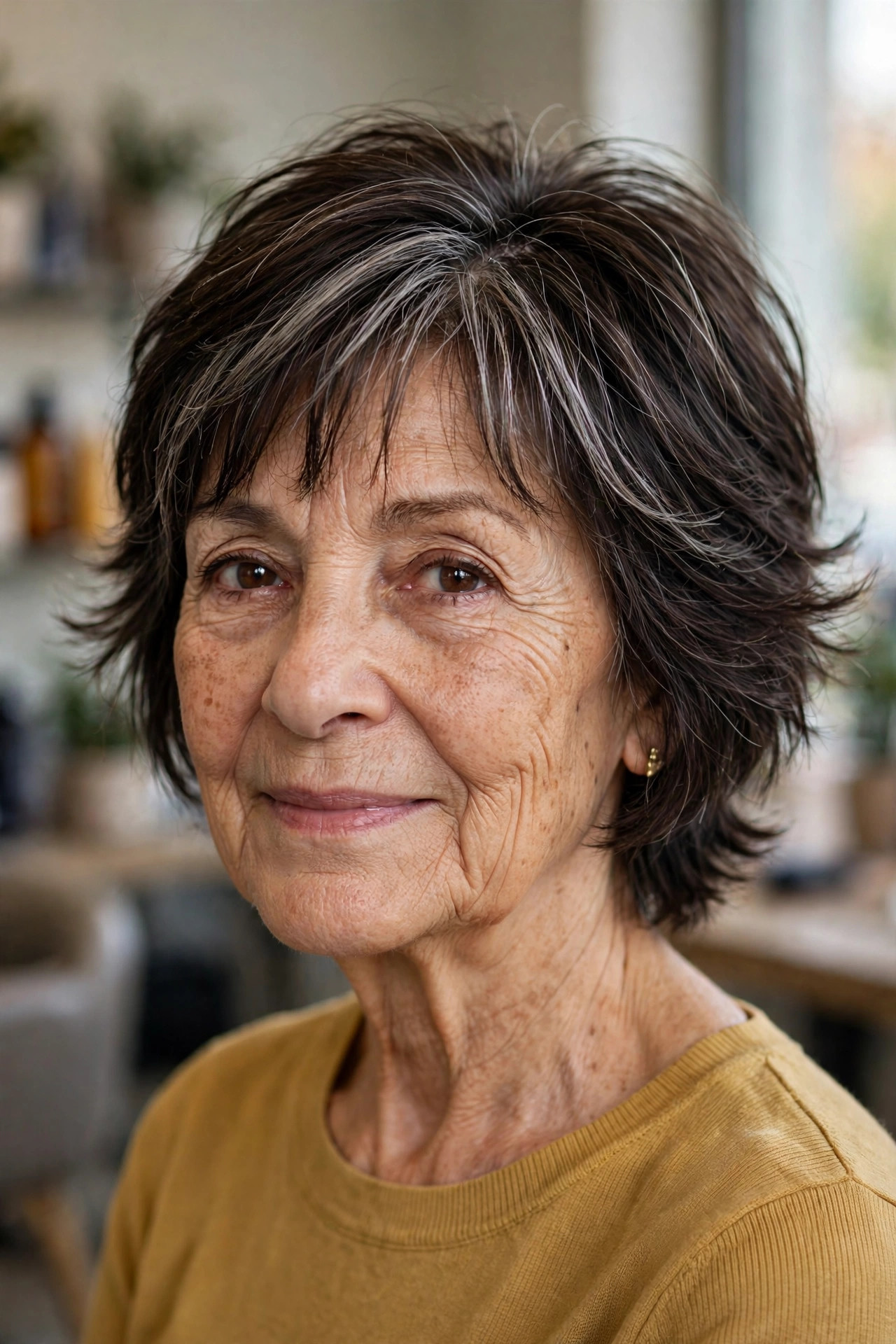 Short Feathered Shag with Silver Streaks - shag haircut for a woman over 60 with a soft modern feel