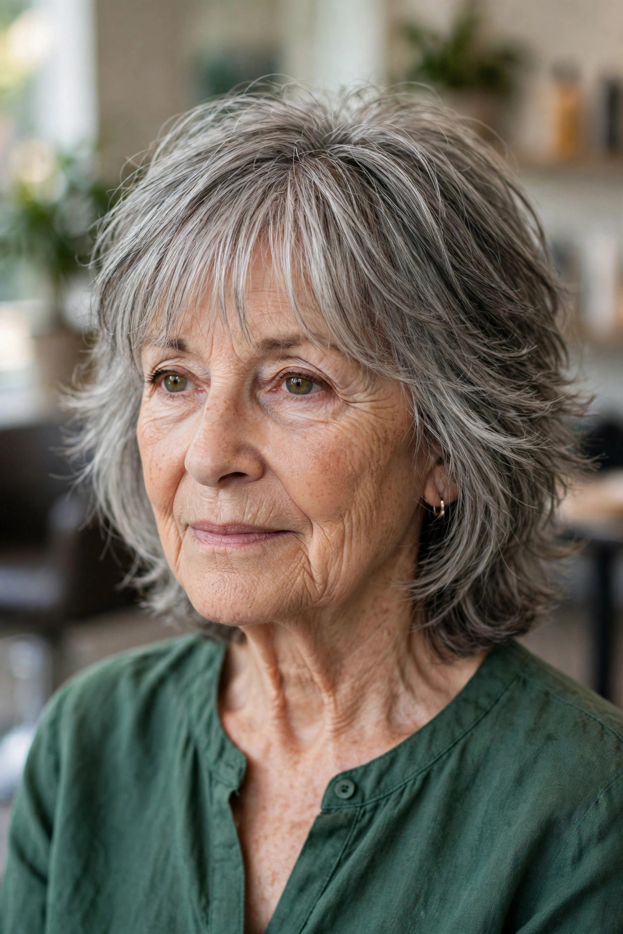 Natural Gray Shag with Soft Wispy Bangs - shag haircut for a woman over 60 with a soft modern feel