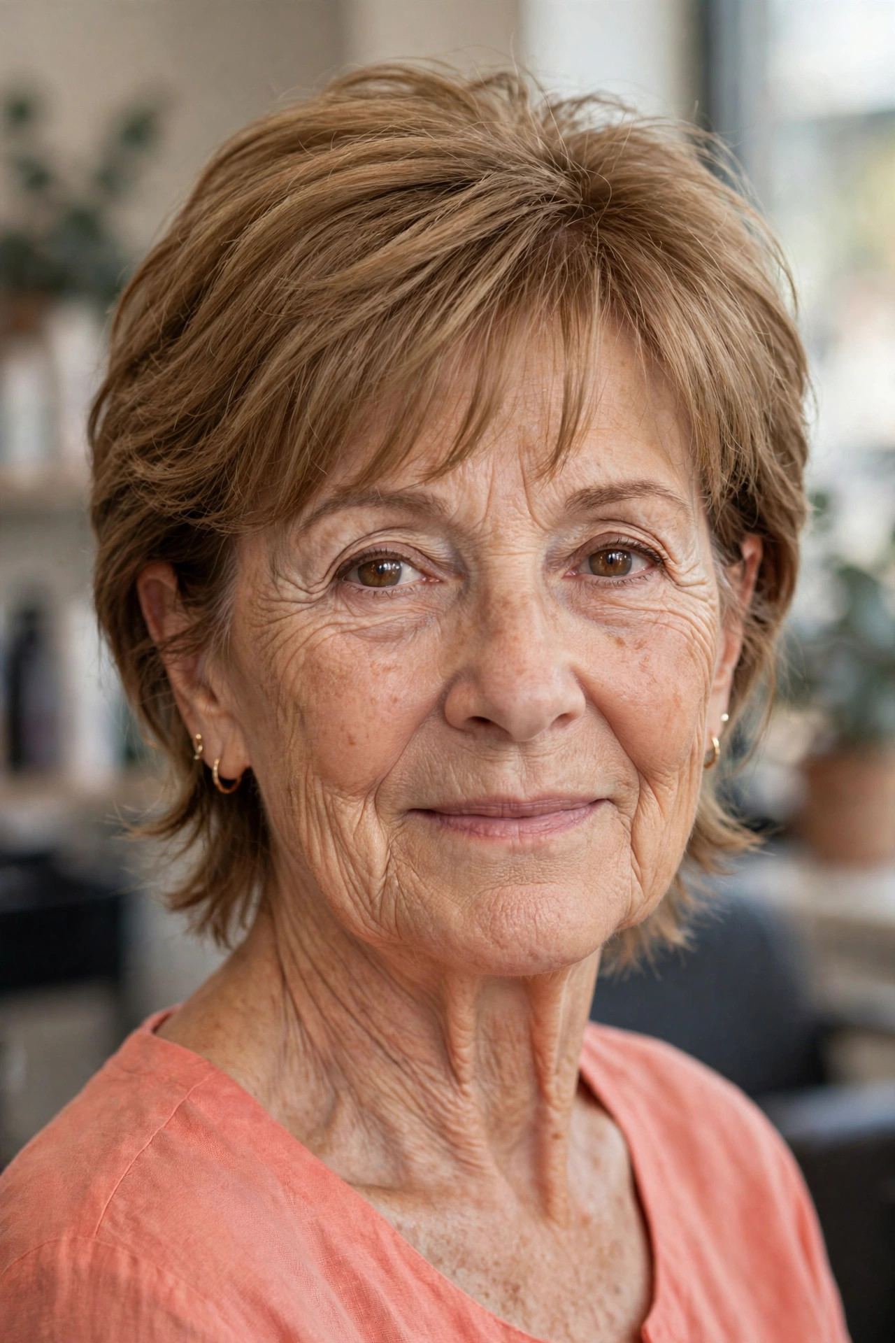 Short Layered Shag in Light Warm Brown - shag haircut for a woman over 60 with a soft modern feel