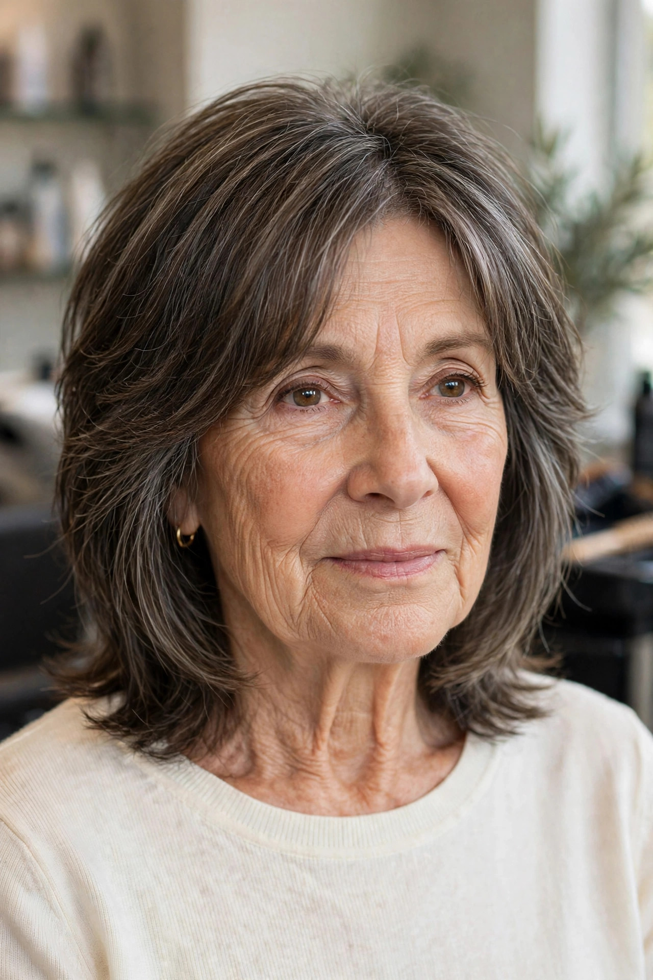 Medium Shag with a Soft Curtain Fringe - shag haircut for a woman over 60 with a soft modern feel