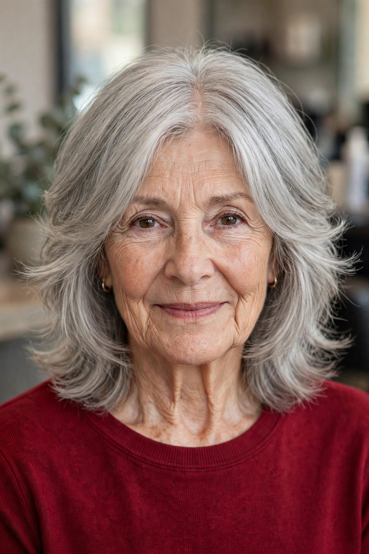 Pearl Gray Shag with Feathered Curtain Layers - shag haircut for a woman over 60 with a soft modern feel