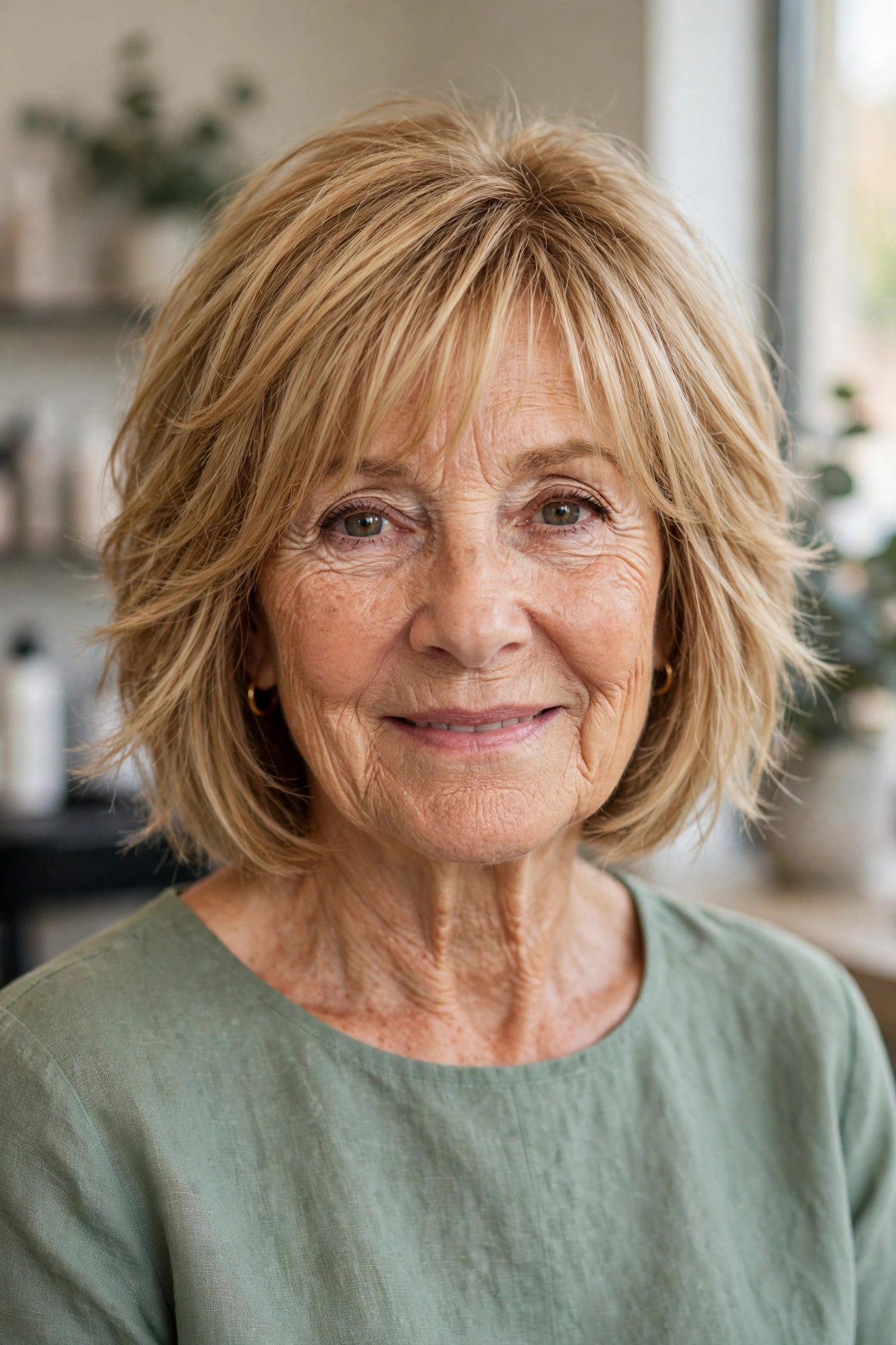 Chin-Length Shag with Wispy Bangs - shag haircut for a woman over 60 with a soft modern feel